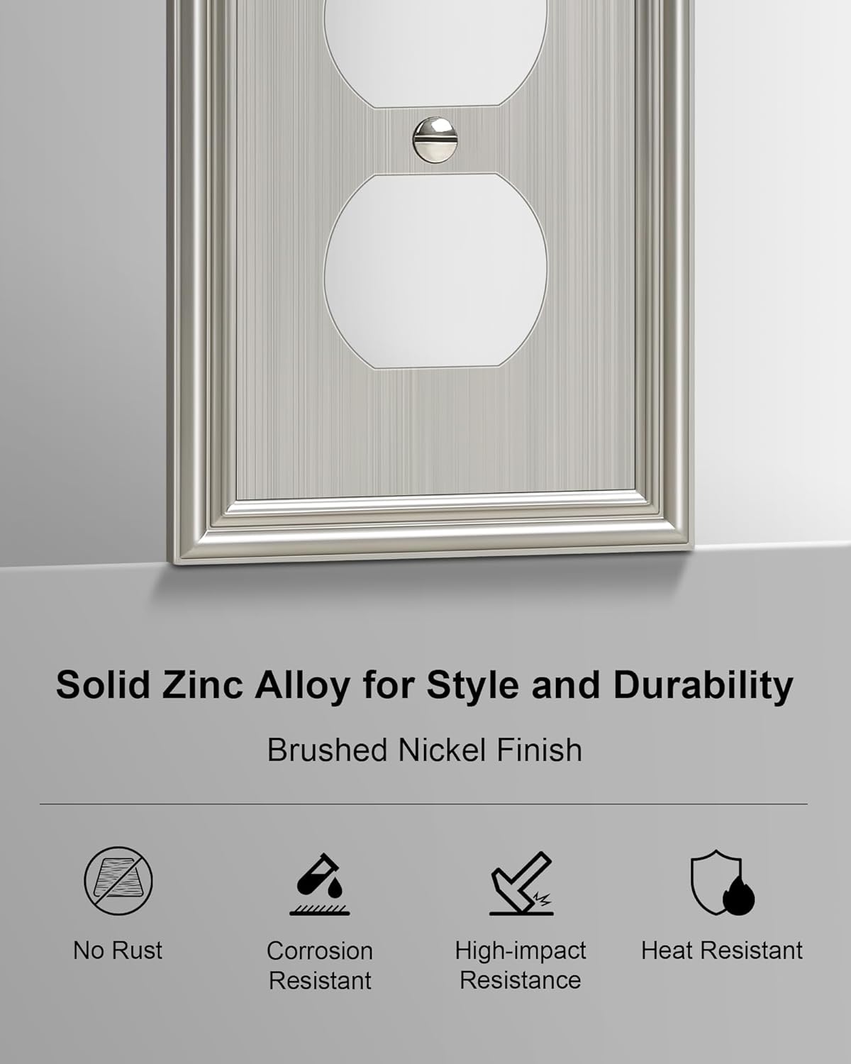 4-Pack Duplex Outlet Cover, Durable Solid Zinc Alloy Decorative Switch Plates and Outlet Covers, Brushed Nickel Wall Plates for Electrical Outlet, 1 Gang Receptacle Cover, Corrosion Resistant