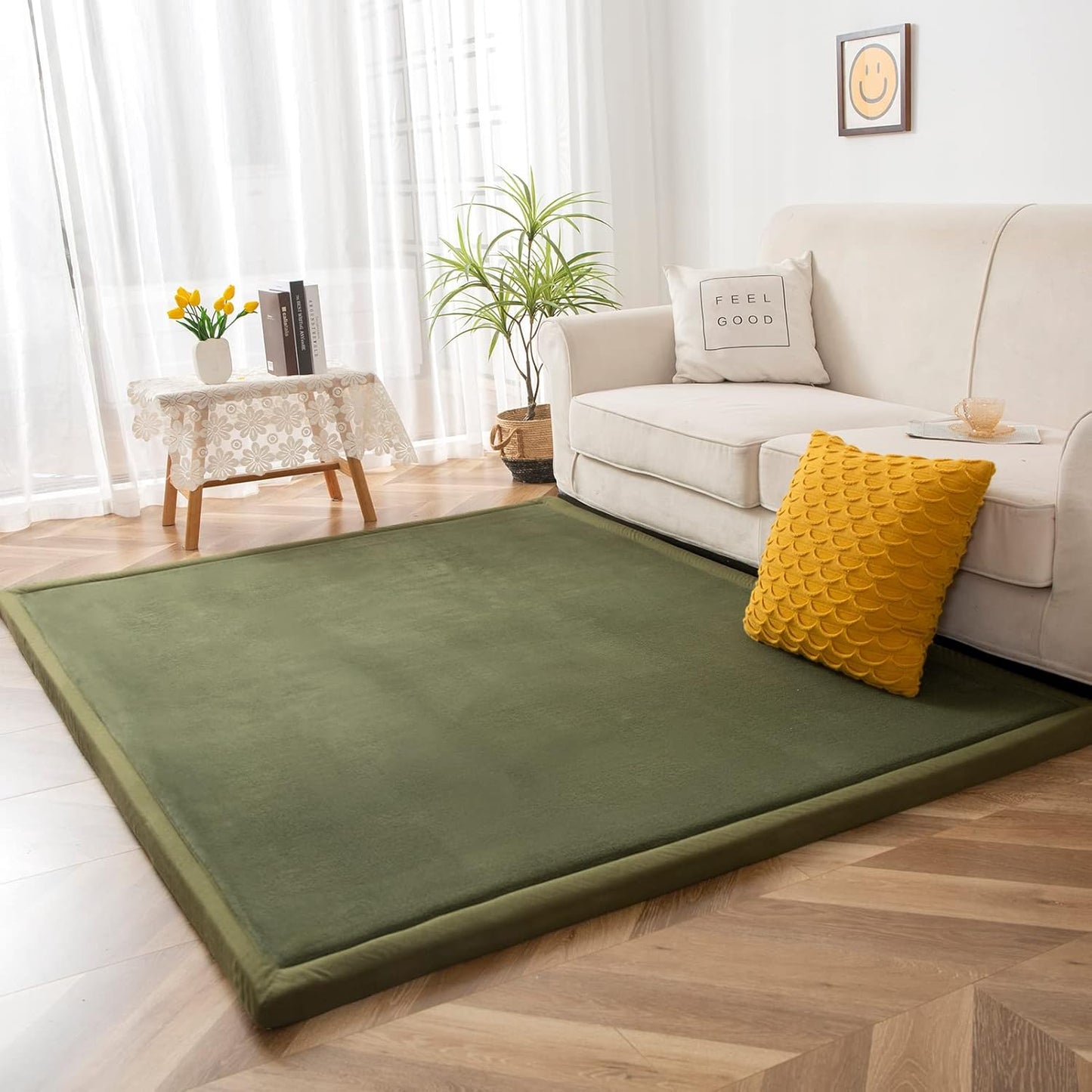MAXYOYO Coral Velvet Area Rug, Thick Japanese Tatami Mat Living Room Carpet with Non-Slip Backing, Large Solid Color Mat for Bedroom Dormitory Yoga, Olive Green, 78 by 158 inch
