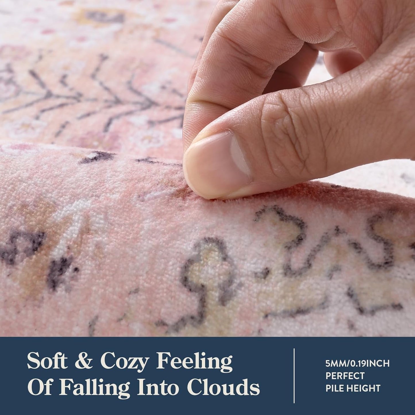 Lahome Light Pink Boho Rug, 6x9 Washable Rugs for Bedroom Girls, Soft Floral Kids Carpet with Non-Slip Backing for Nursery Playroom Kids Room