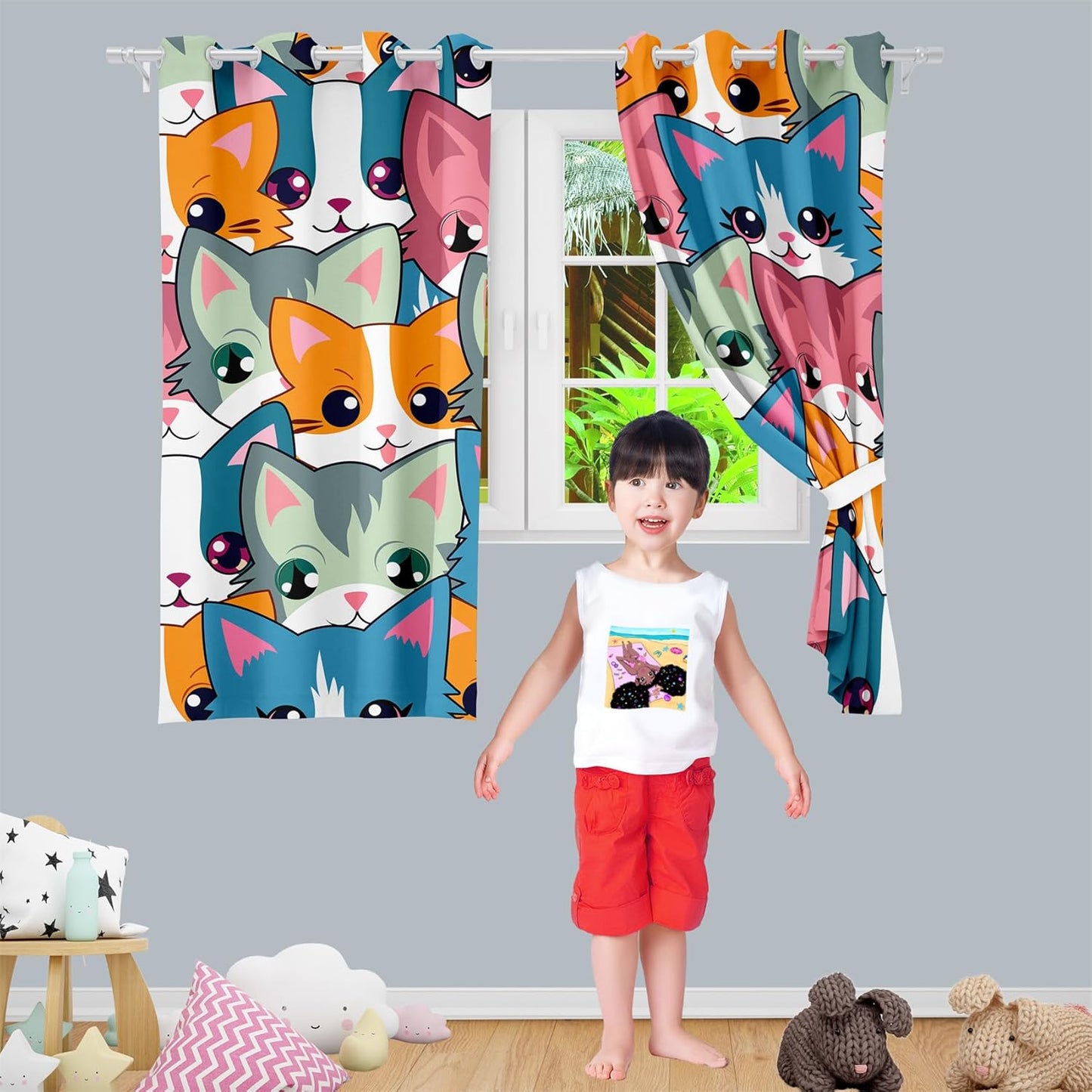 Cat Blackout Curtains for Girls - 2Pcs Cute Cartoon Cat Patterns Curtain Panels for Girls Bedroom Lovely Cats Drapes Darkening Window Curtain for Living Room Bedroom, 82" x 63"