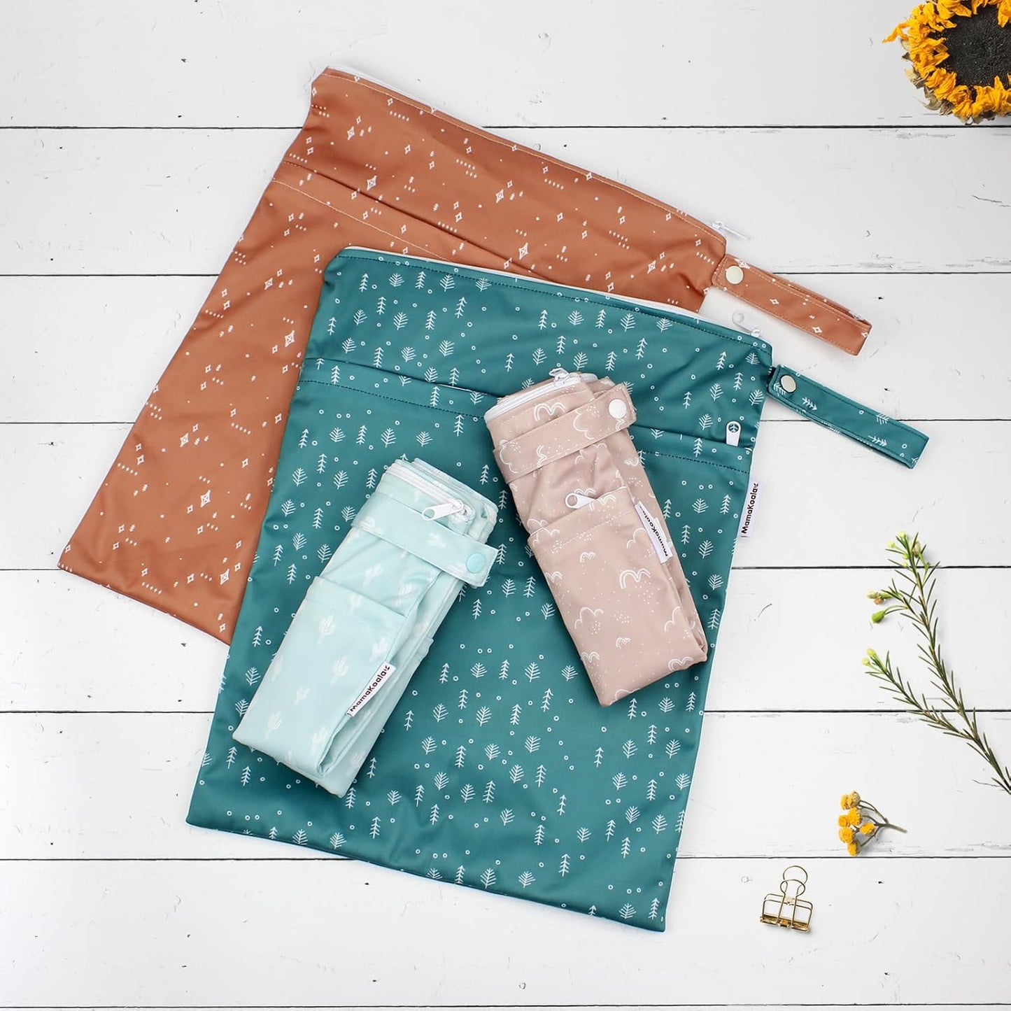 Mama Koala Waterproof Wet Dry Bags for Baby Items, Cloth Diapers, Swimsuits, Travel, Gym Clothes, Beach, Pump Parts, Toiletries, Two Zippered Pockets, 2 Pack (W016)