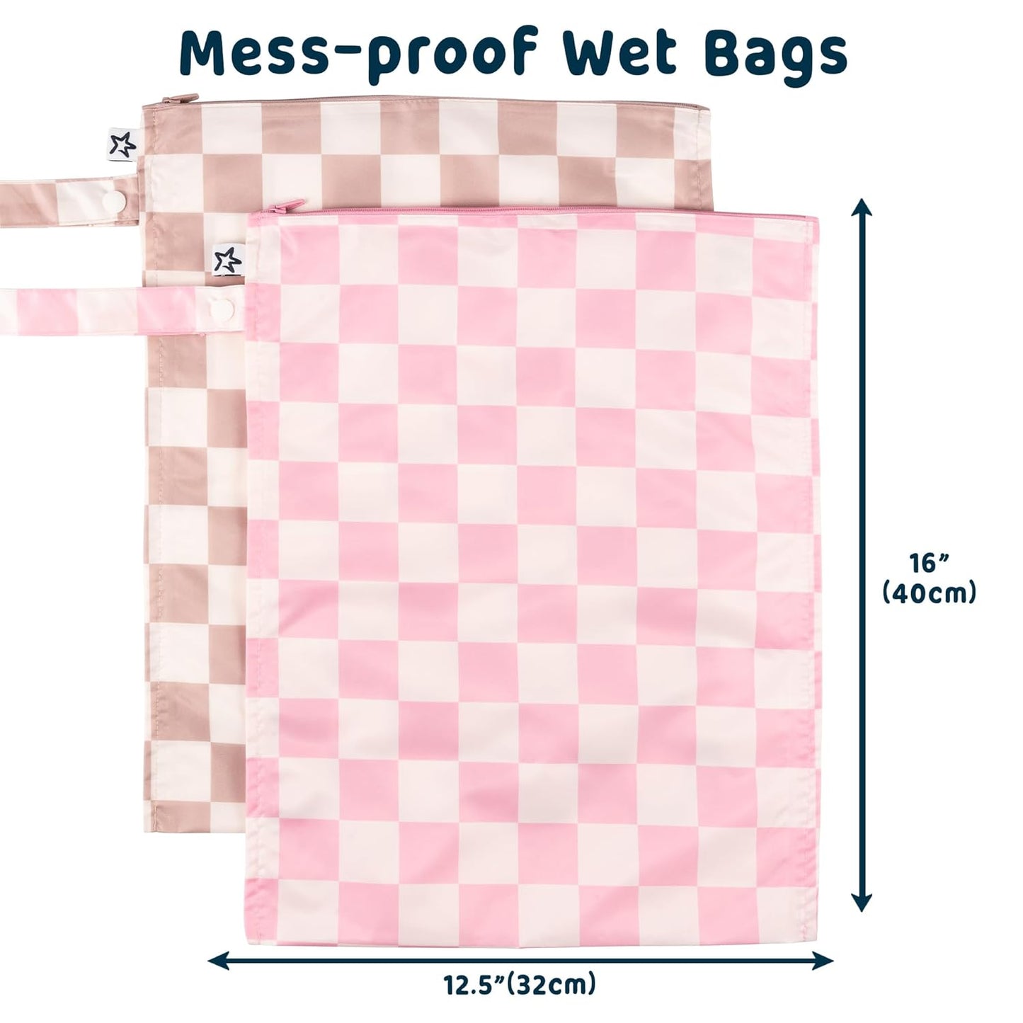 Tiny Twinkle Mess-Proof Waterproof Wet Dry Bag | 2-Pack Reusable Wet Bags for Swimsuits & Baby Clothes | Leakproof Wet Bag for Travel & Diaper Changes for Baby (Pink, Brown Checkers)
