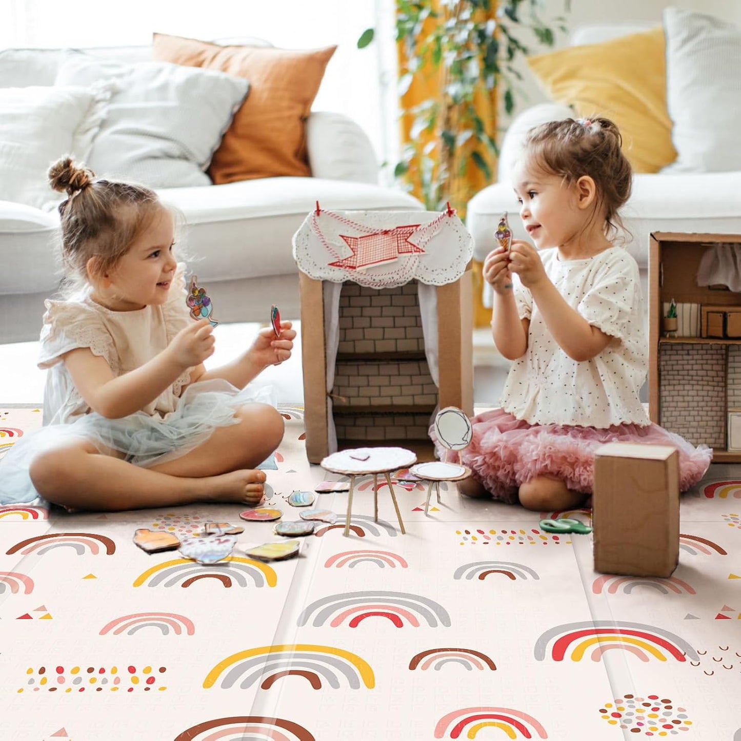 Foldable Baby Play Mat, PIGLOG 50x50 Playpen Mat, Waterproof Playmats for Babies and Toddlers Kids, Safe Foam Playmat for Tummy Time, Reversible Portable Baby Floor Mat for Infant, Colorful+Rain