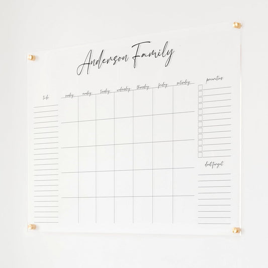 Personalized Clear Acrylic Calendar for Wall, Calendar Whiteboard for Wall, Dry Erase Wall Calendar, Wall Calendar Organizer System for Home (Cursive, Black, 38"W x 26"H)