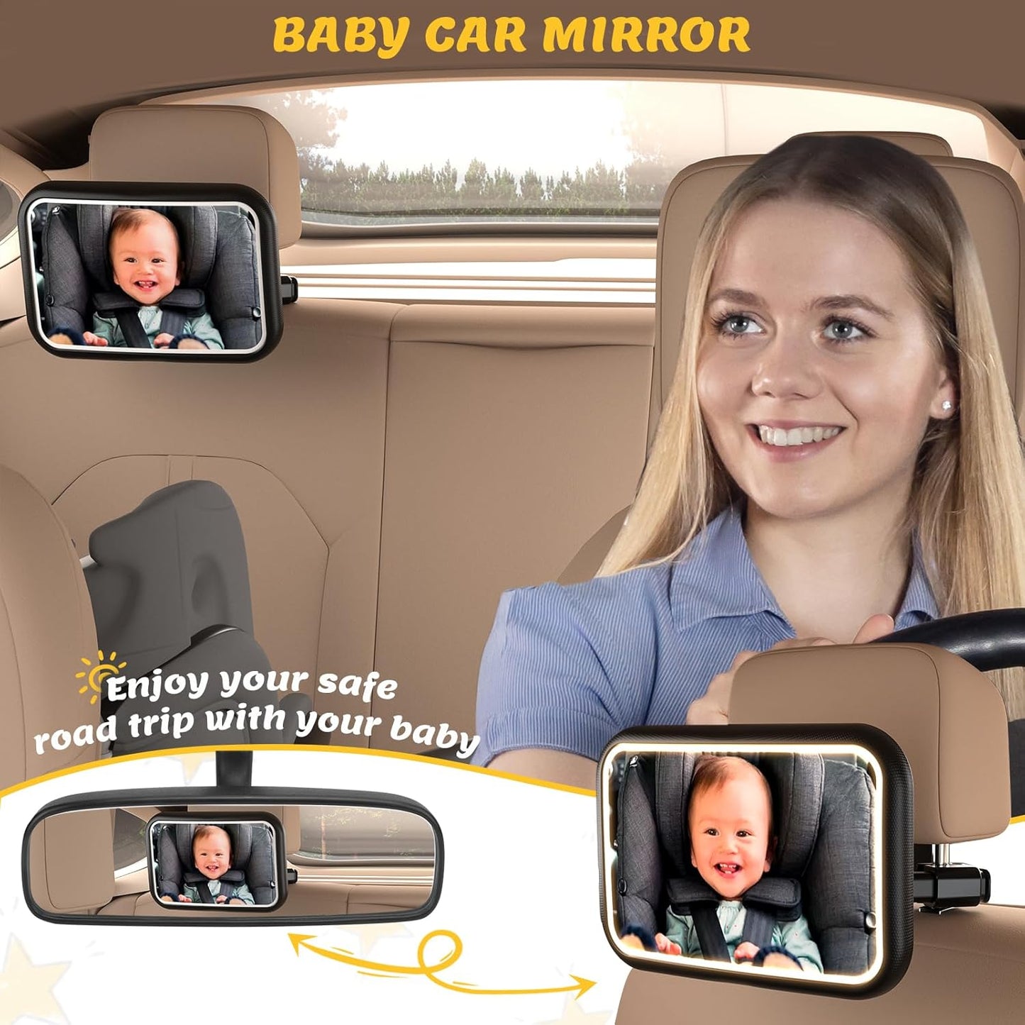 Baby Car Mirror with Light, 7 RGB Light Rear Facing Baby Car Seat Mirror with Remote Control Rechargeable 360° Rotation Hook Clip Design Wide View Shatterproof