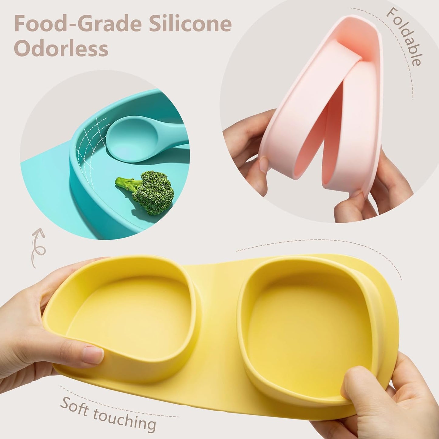 Silicone Foldable Novelty Dinner Plates,Baby Plates Travel Essential with Forks and Spoons,Microwave & Dishwasher Safe,Aqua
