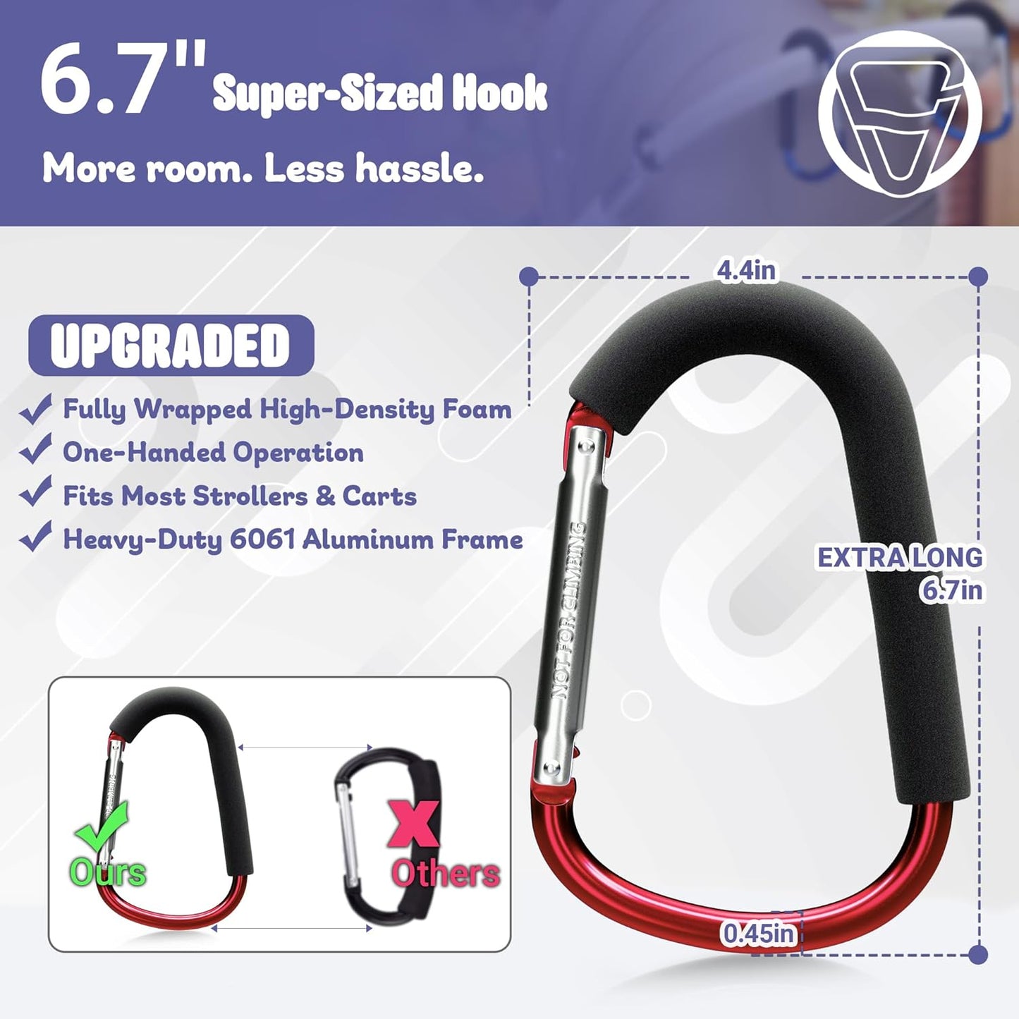 sprookber 6.7 Inch Large Stroller Hooks for Diaper Bags & Purses, Heavy Duty Mommy Hooks for Shopping, Grocery, Backpack – Baby Stroller Accessories, Set of 2 (Red)