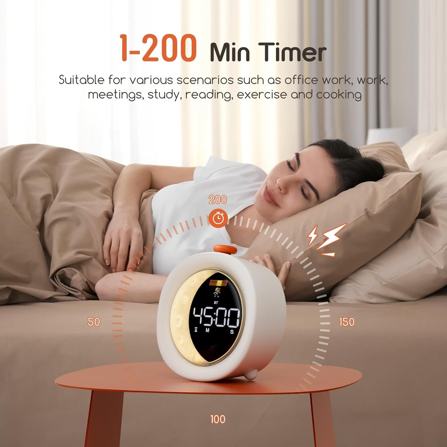 4-in-1 Digital Alarm Clock for Bedrooms, Portable Bluetooth Speaker with Night Light, Snooze & 0-200 Min Timer for Desk, Living Room, Office, Kitchen, Dual Alarm Clock for Heavy Sleepers, Baby, Kids