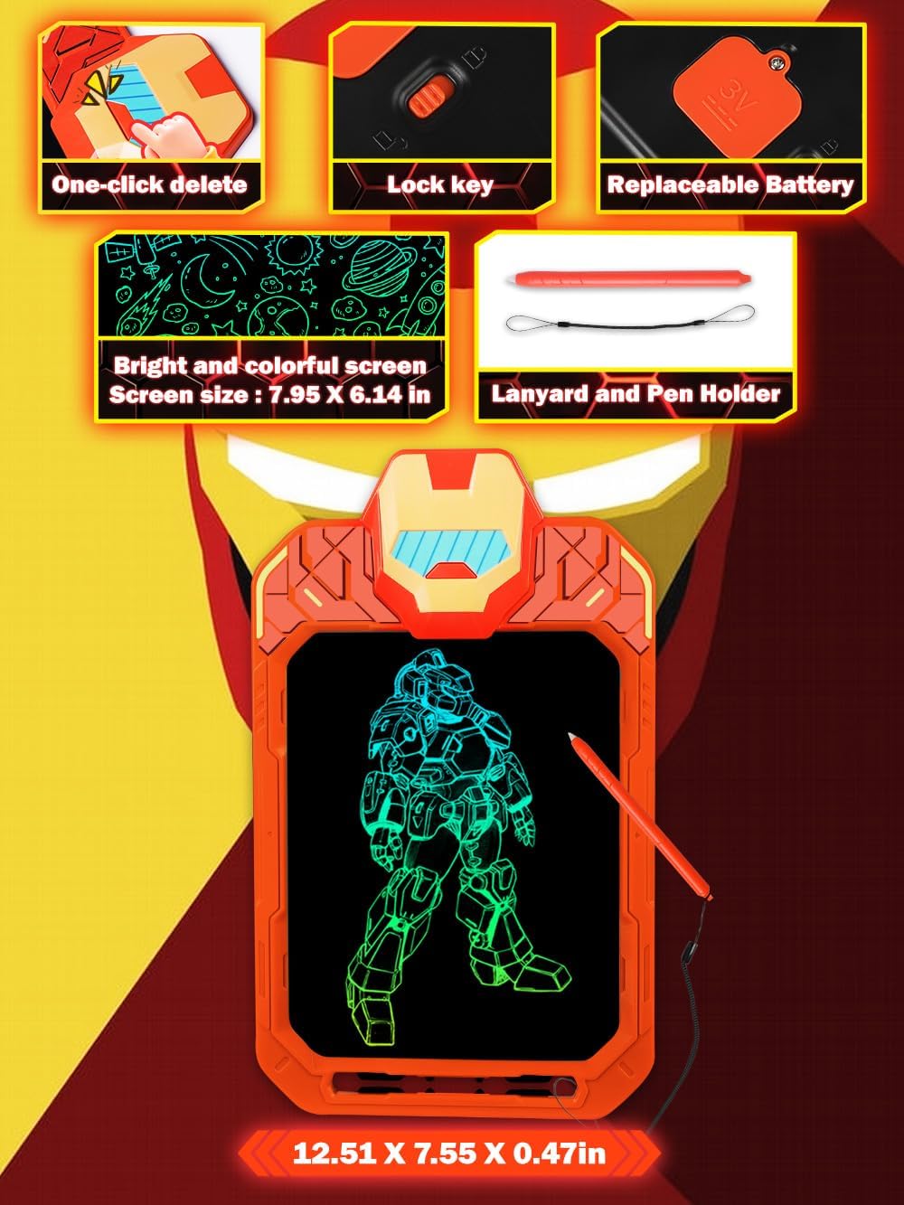 LCD Writing Tablet for Kids 10 Inch Mech Iron Hero for Toddler 2 3 4 5 6 - Paint, Doodle Board, Drawing Pad - Travel Toys, Road Trip Car Activities, Birthday Christmas Gift Boys & Man
