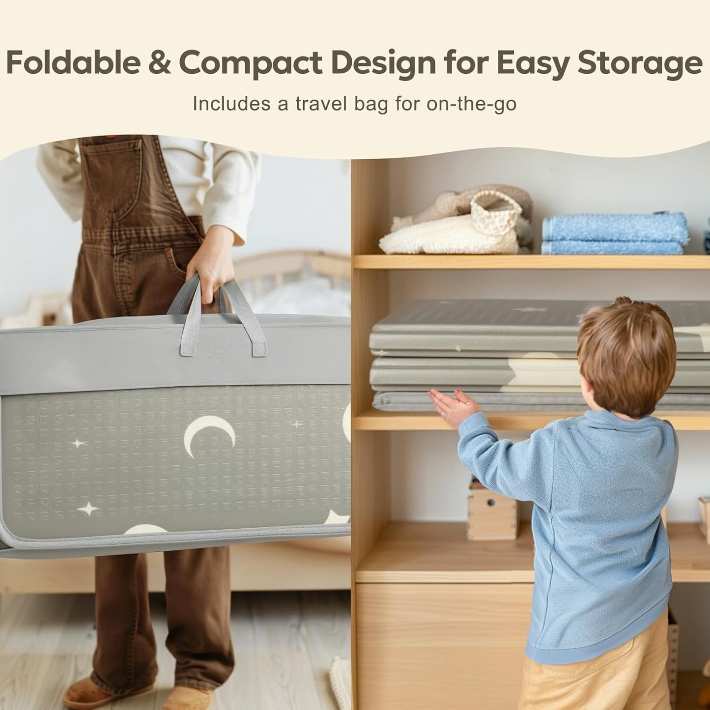 Extra Large Foldable Play Mat, Reversible Baby Play Mat with Edge Reinforcement, Non-Toxic & Waterproof Baby Mat for Floor, Foam Playmat with Travel Bag, Rainbow, Cloud & Moon, 79"x71"