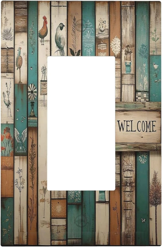 Decorative Outlet Covers Vintage Wood Brown Turquoise Splicing 1 Gang Single Rocker Light Switch Cover Plate Wall Plates Gfci Faceplate For Farmhouse Cabin Decor