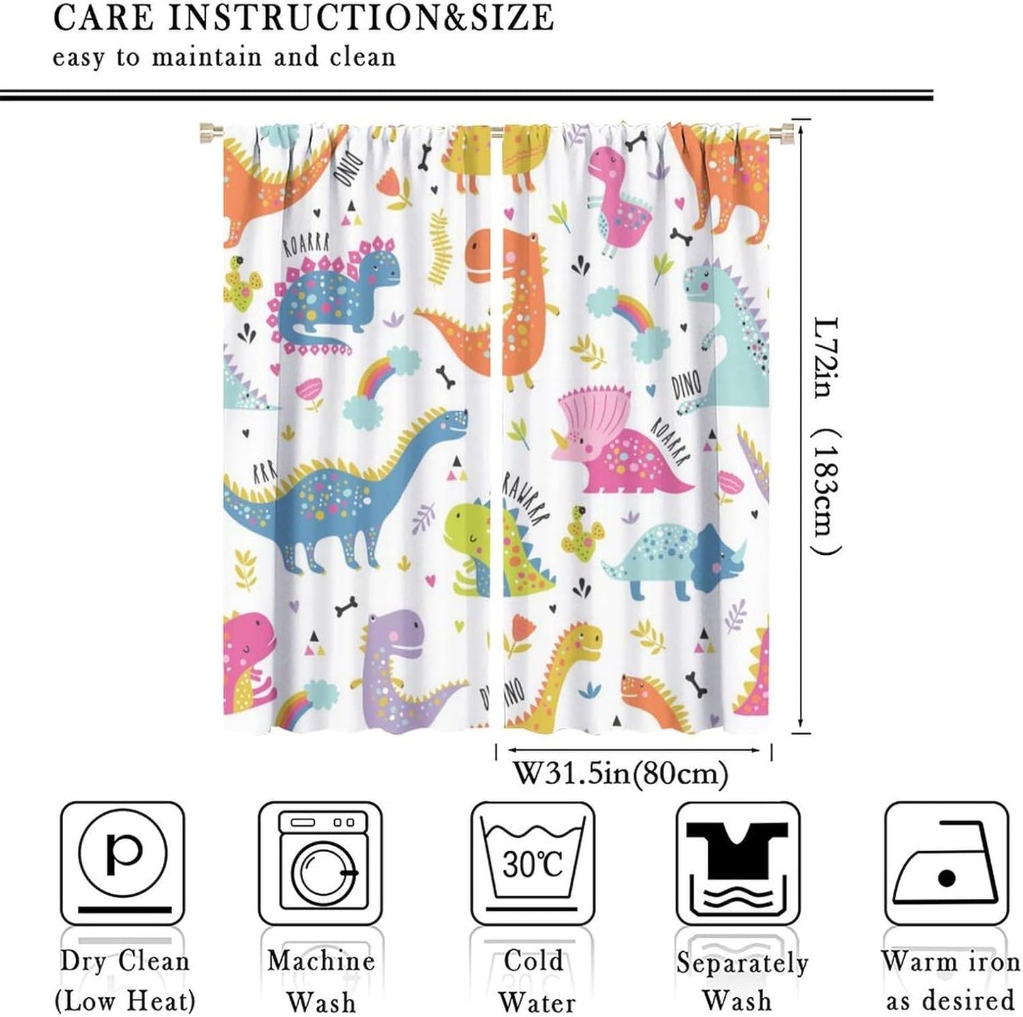Cartoon Dinosaur Curtains for Kids Boys Girls Home Decor Childish Cute Dino Animals Print Pattern Rod Pocket Blackout Window Drapes for Nursery Baby Bedroom Playroom W31.5xL72in 2 Panels