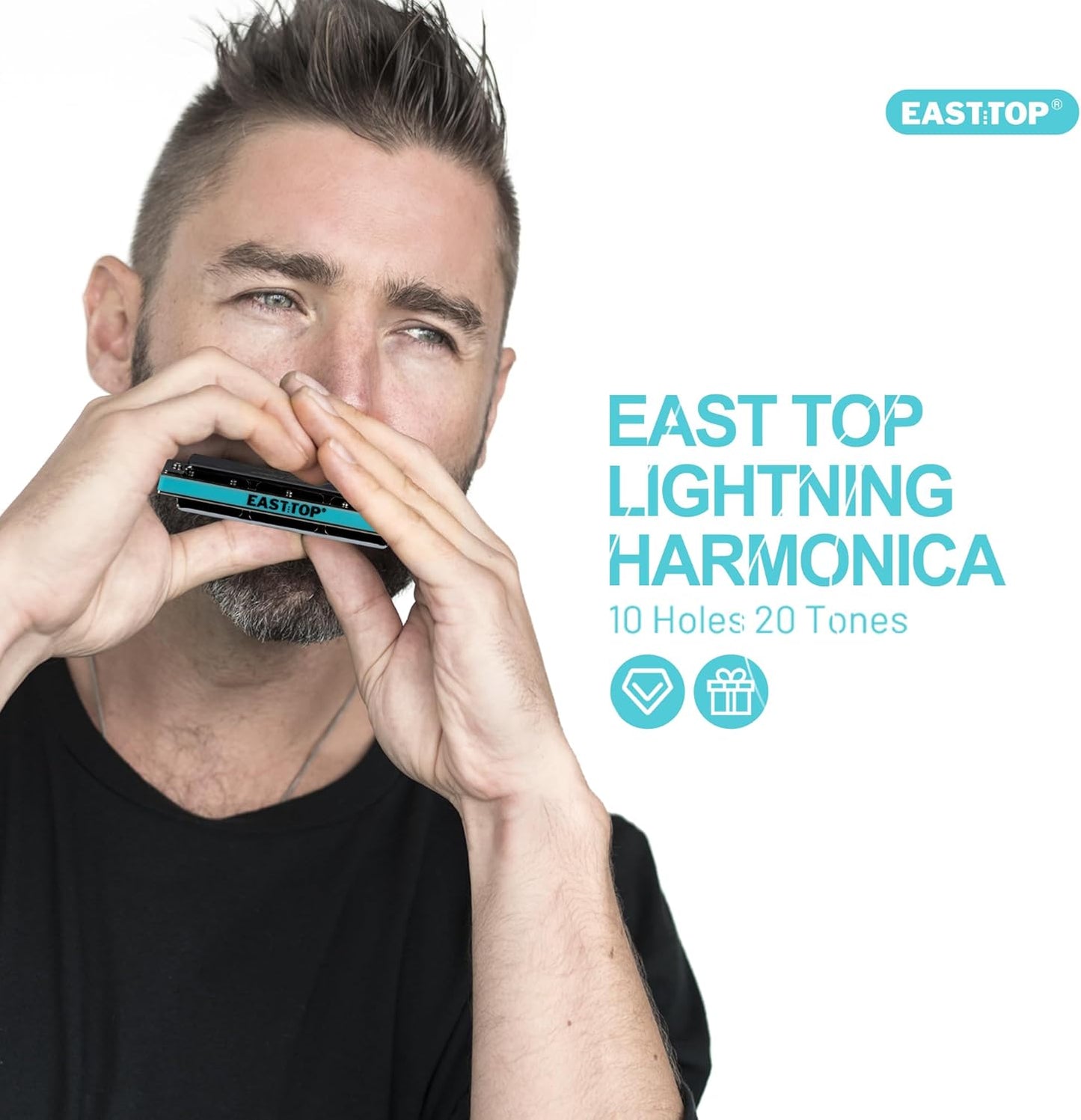 East top Harmonica, Advanced Diatonic Harmonica Key of Eb, 10 Holes Blues Harp Mouth Organ Harmonica with Silver Cover, Blues Harmonicas For Adults, Professionals and Students