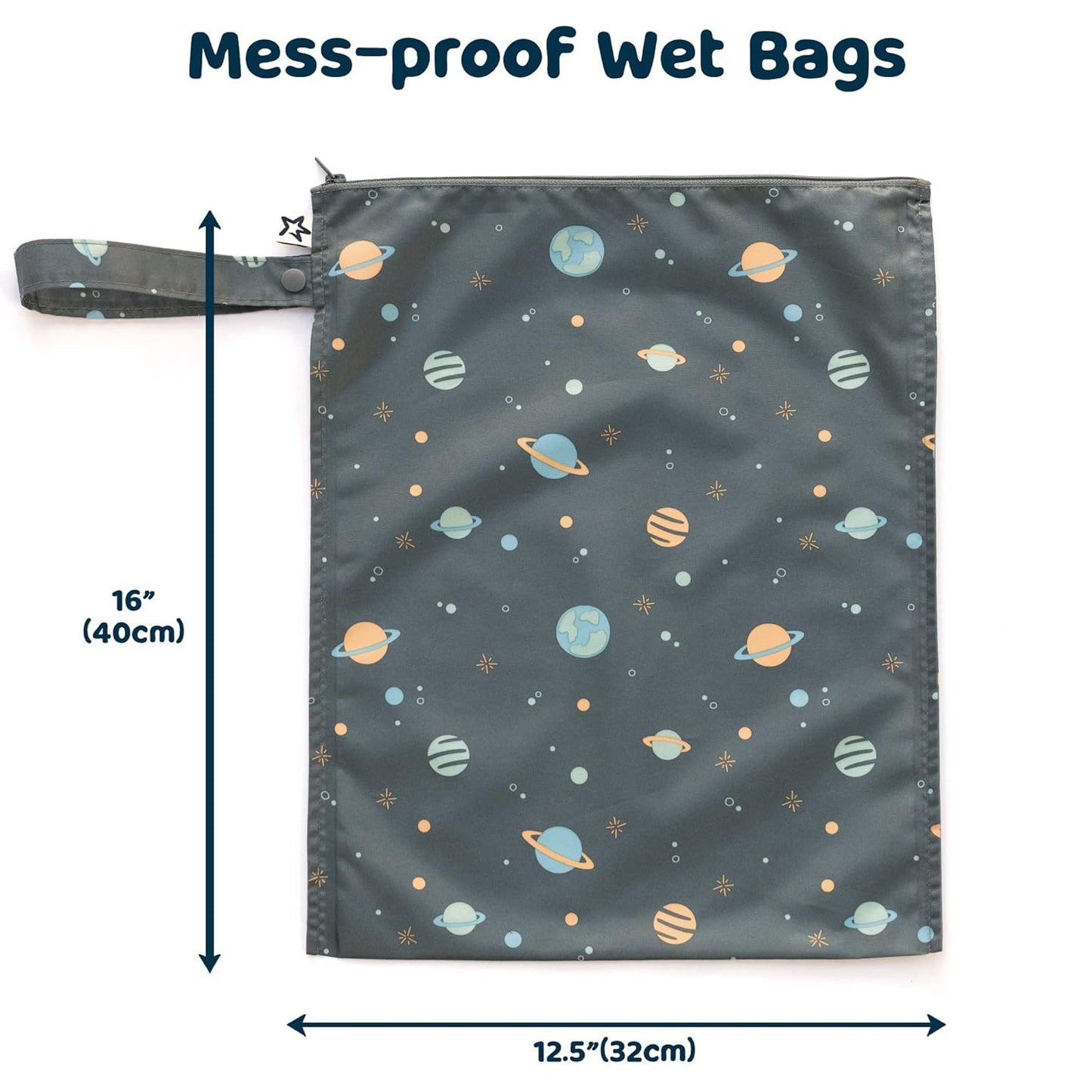 Tiny Twinkle Mess-Proof Waterproof Wet Dry Bag | 2-Pack Reusable Wet Bags for Swimsuits & Baby Clothes | Leakproof Wet Bag for Travel & Diaper Changes for Baby (Space, Ice Blue)
