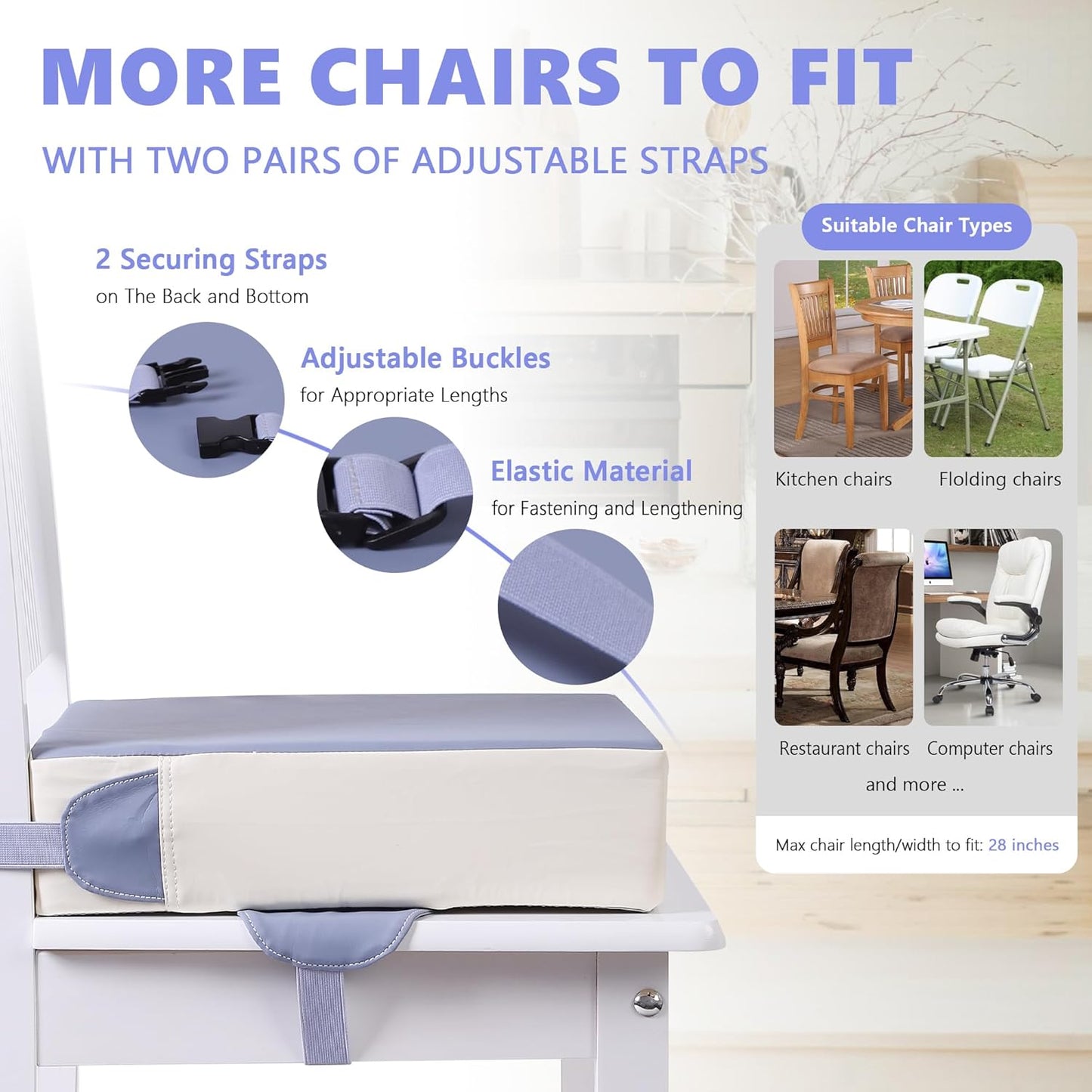 Booster Seat for Kitchen Chair with Adjustable Straps, Toddler Booster Seats for Dining Table Portable for Travel Camping Eating, Booster Cushion for Table for Baby Child Infant Kid Boy Girl