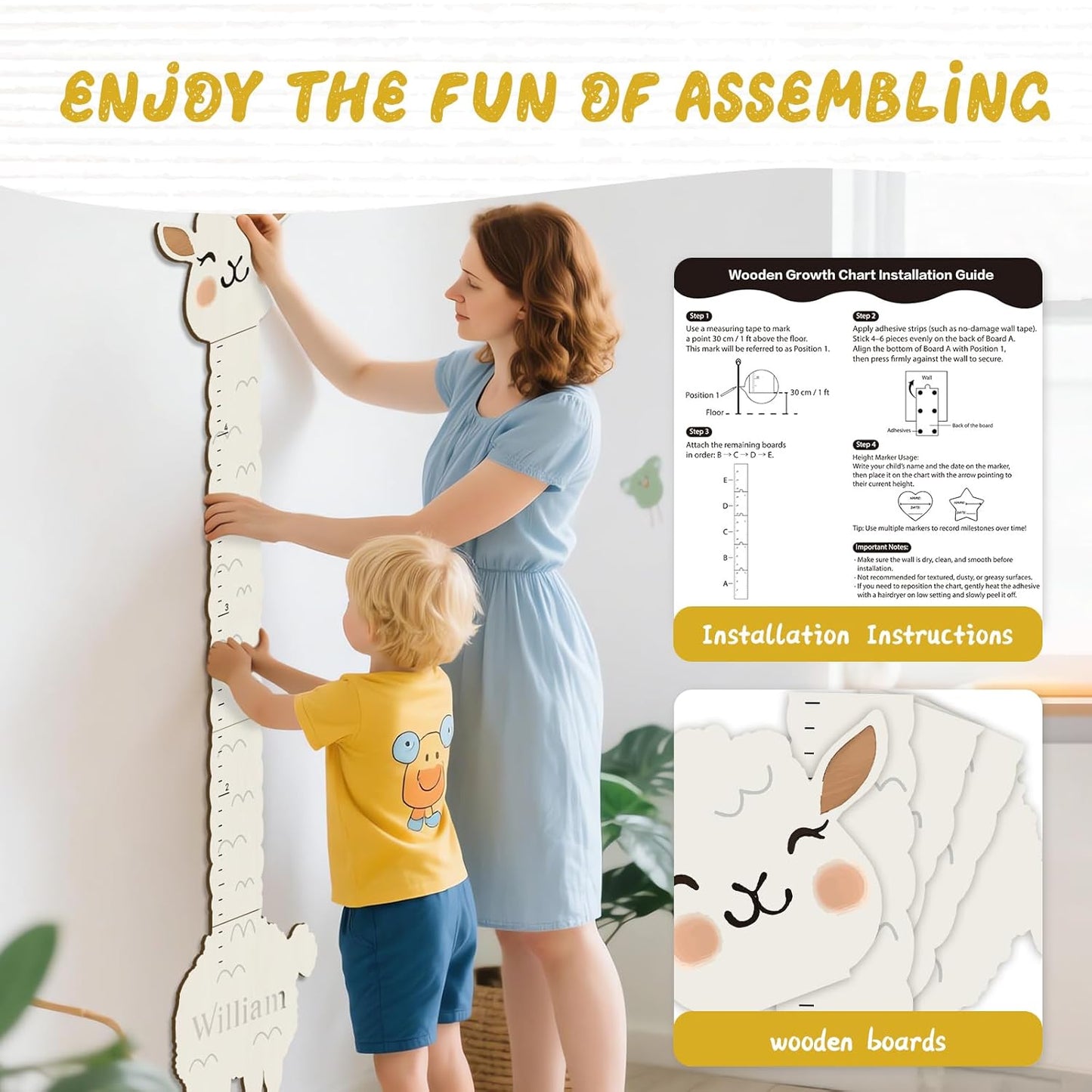 Personalized Name Height Chart for Wall, Alpaca Wood Growth Chart, Height Measurement for Wall Girls Boys Teen Room Wall Decor 63" x 15.7"