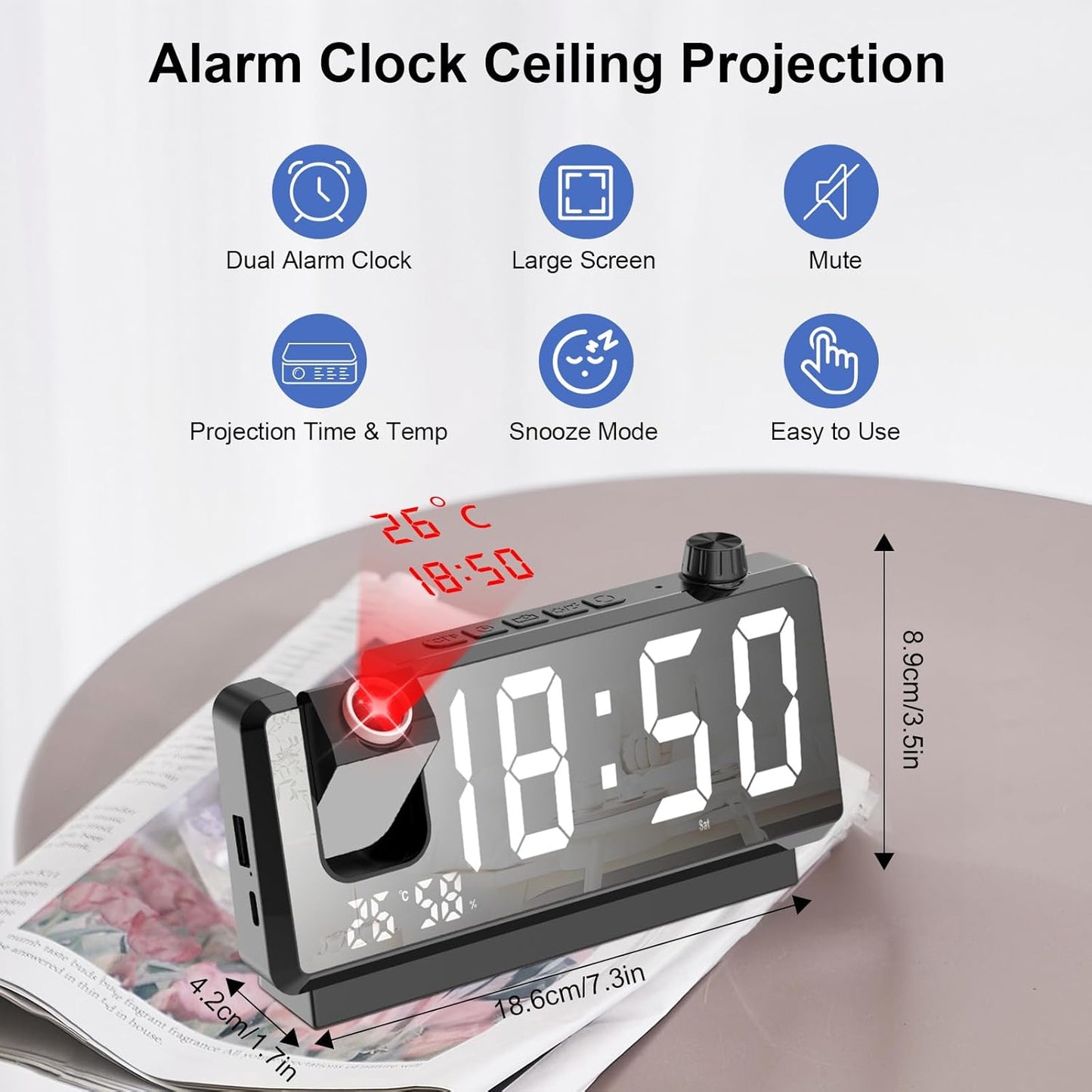 GuDoQi Projection Alarm Clock for Bedroom, Digital Clock with 180° Projector, 7" Large LED Display, Dual Alarms, Temperature&Humidity Display, Dual USB Port, 12/24H, Snooze, for Heavy Sleepers, Black