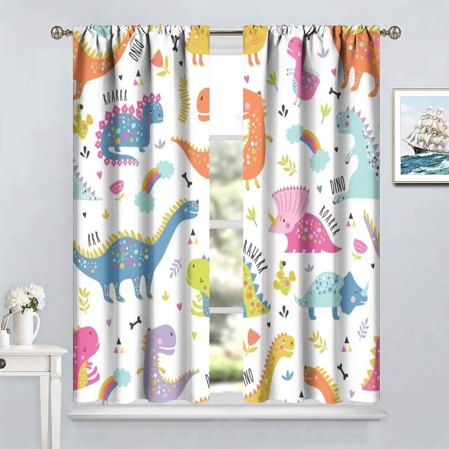 Cartoon Dinosaur Curtains for Kids Boys Girls Home Decor Childish Cute Dino Animals Print Pattern Rod Pocket Blackout Window Drapes for Nursery Baby Bedroom Playroom W36xL63in 2 Panels