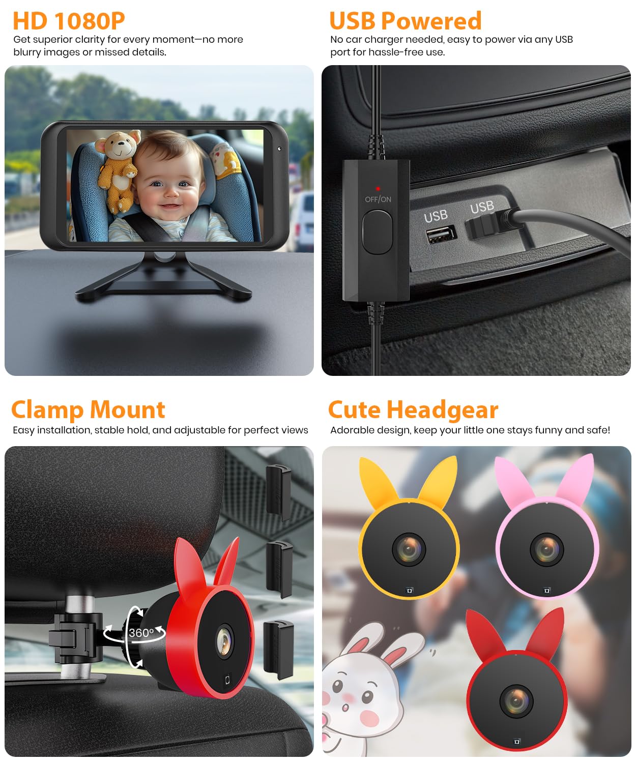 BV2 Baby Car Camera, 4.5'' HD 1080P USB Rear-Facing Mirror, IR Night Vision, 360° Adjustable, Plug & Play Backup Monitor for Child & Pet Safety
