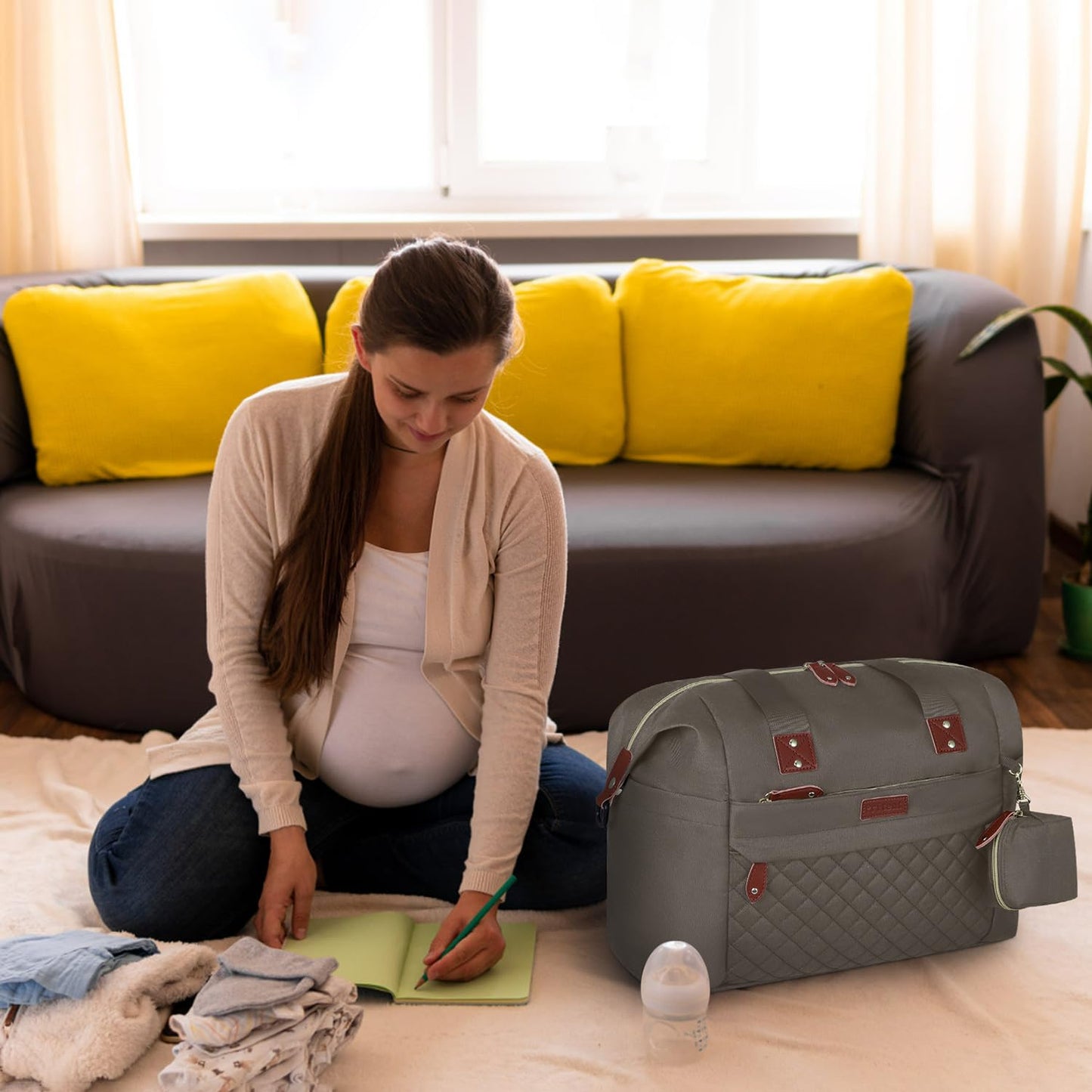 Diaper Bag Tote, Diaper Baby Bags with Pacifier Case, Shoulder Straps, Stroller Clips, Waterproof Large Mommy Bag Maternity Bag Travel Baby Bag for Mom and Dad, khaki