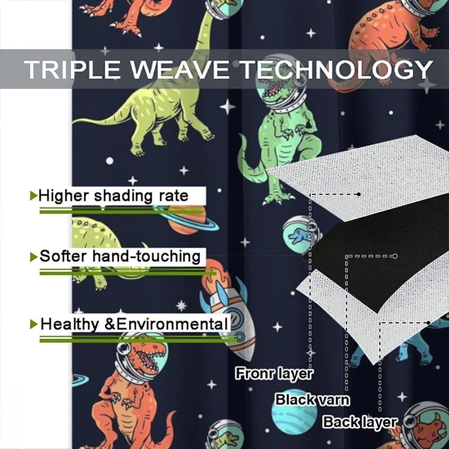 Cartoon Dinosaur Curtains for Kids Boys Girls Home Decor, Astronaut Rocket Funny Outer Space Blackout Rod Pocket Window Drapes for Bedroom Living Room W42xL84in 2 Panels