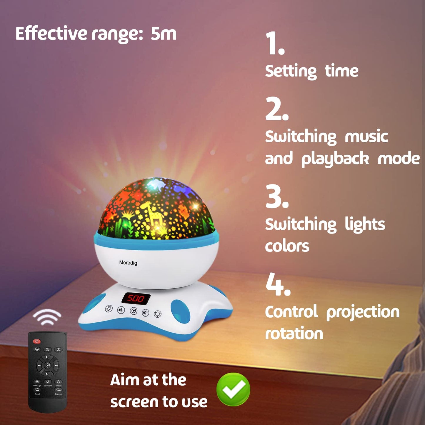 Moredig Kids Night Light Projector, Remote Baby Night Lights for Kids Room with 12 Music Nursery Night Light Projector for Kids Timer 2 Projections 18 Light Modes, Gifts for Baby Kids-Blue
