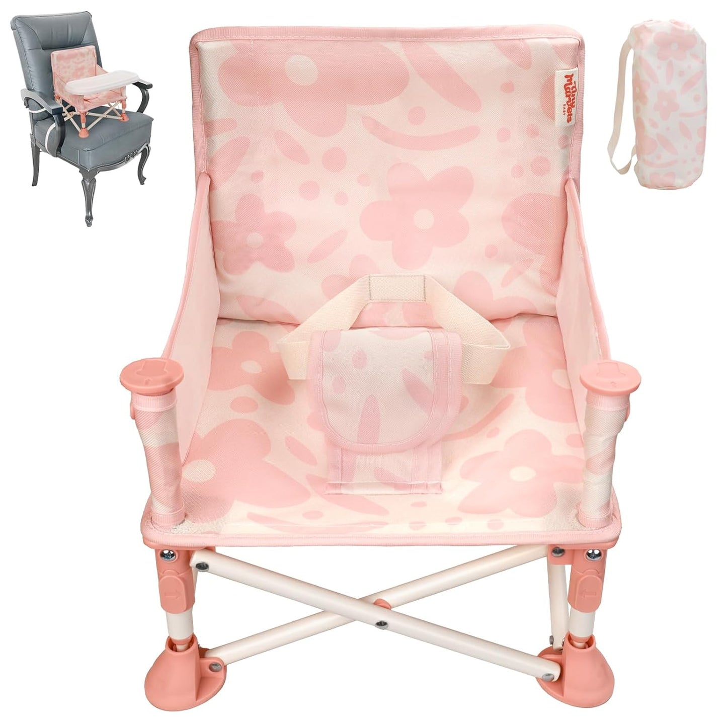 Tiny Marvels Portable 3-in-1 Baby Booster Seat, Cozy Floor Seat, Feeding Seat with Tray, Compact Foldable Toddler Booster with Child Safety Belt Carry Bag, Perfect for Travel (Blush Bloom)