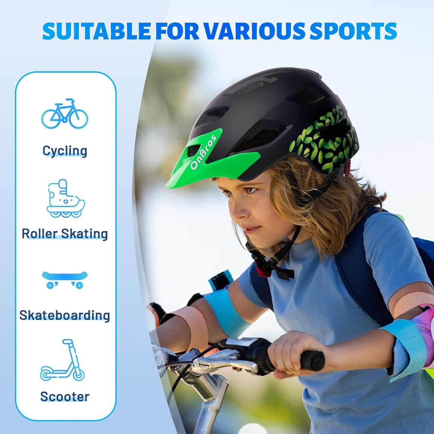 OnBros Kids Bike Helmet - Bike Helmets for 5-14 Boys or Girls with Visor, Children Bicycle Helmet for Skateboard Mountain Scooter Road Cycling, Lightweight and Adjustable 50-57CM