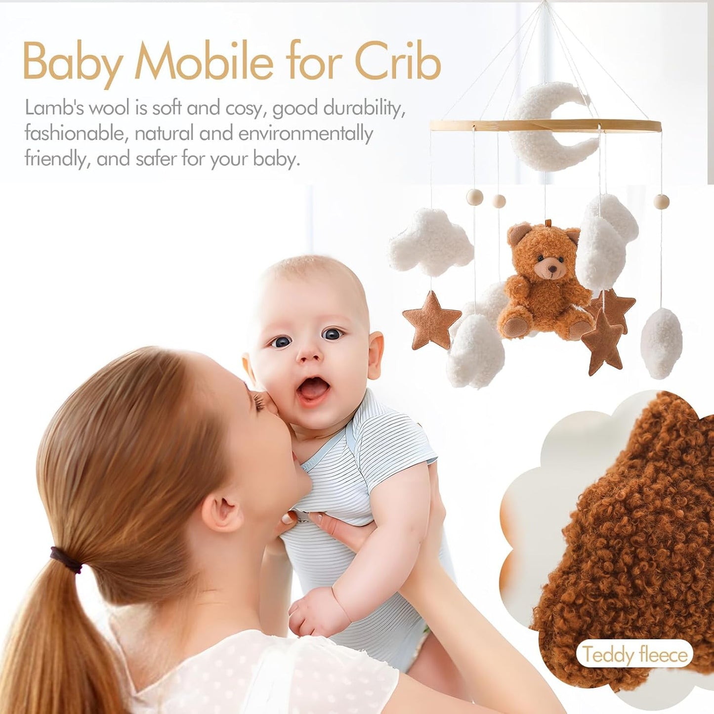 EERKEOD Baby Crib Mobile Bear Nursery Mobile for Boys Girls Teddy Velvet Mobile Nursery Decor for Infant Bedroom Hanging Baby Mobile for Bassinet Newborn Baby Gift（Brown Bear）