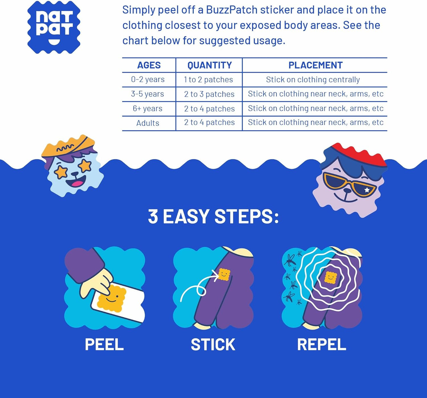 NATPAT Buzz Patch Mosquito Patch Stickers for Kids - Plant Based Ingredients, Non-Toxic - The Original All Natural Citronella Essential Oil Insect Patch, DEET Free, for Toddlers, Kids (60 Pack)