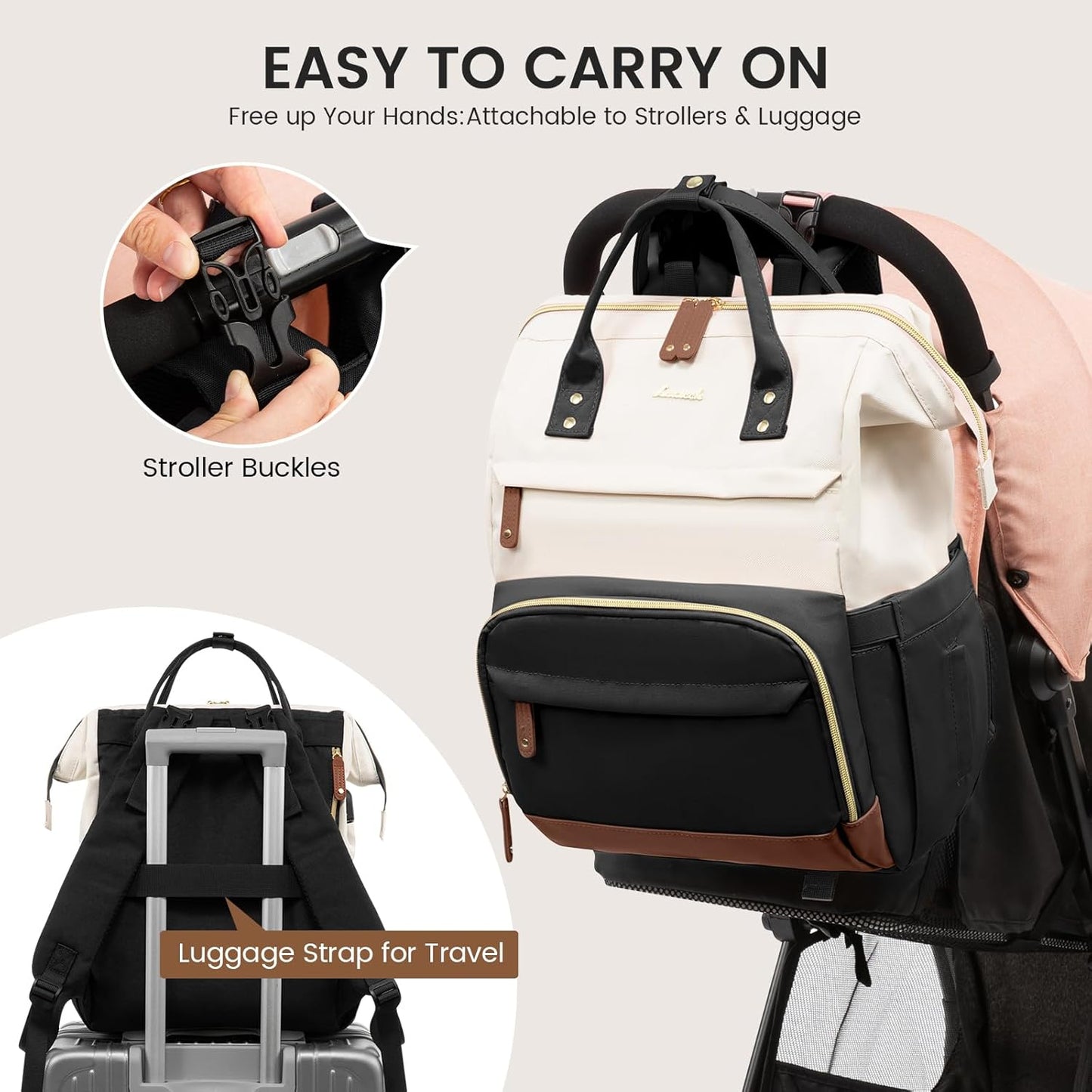 LOVEVOOK Diaper Bag Backpack, Baby Bag with Changing Station, Large Diaper Backpack for Mom Dads, Waterproof Mommy Bag for Boy and Girl, Travel Essential Baby Shower, Black-Beige