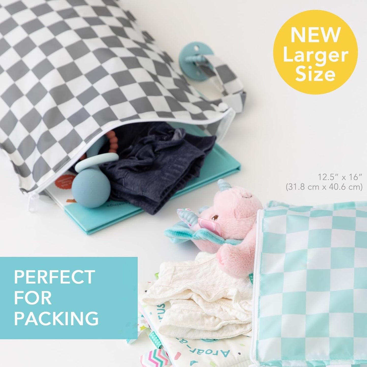 Bumkins - Waterproof Wet Bag - For Baby, Travel, Swim Suit, Cloth Diapers, Pump Parts, Pool, Gym, Toiletry, Strap to Stroller - Reusable & Easy to Clean - 2pk - Gray & Mint Check