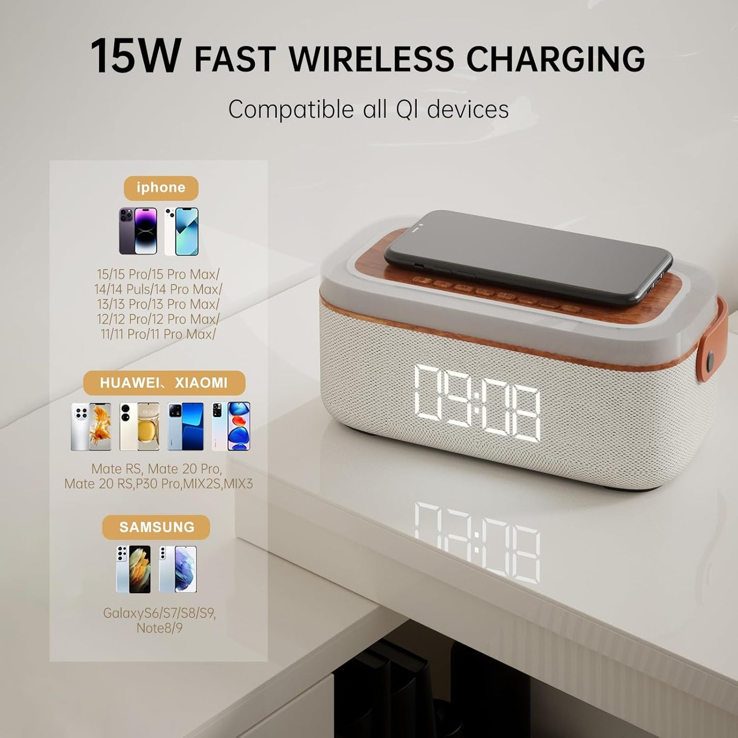 LOVME Alarm Clock Bluetooth Speaker for Bedroom, Bluetooth Stereo Sound Speaker, Fast 15W Wireless Charger, Dimmer, Night Light for Heavy Sleepers, Gift Set, Bedside(Khaki)