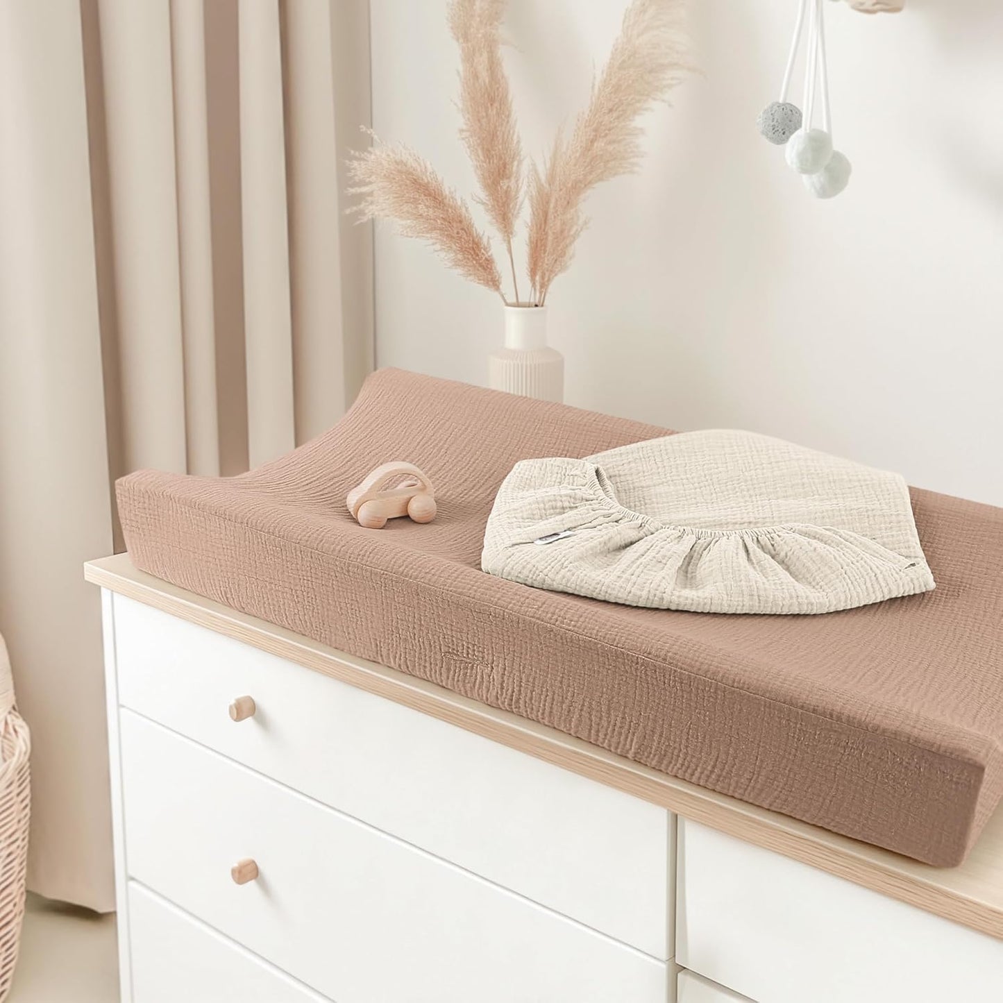 Bearmoss Changing Pad Cover, 2 Pack Muslin [100% Cotton] Diaper Changing Table Covers, 32'' x 16'' Soft Breathable Changing Pad Sheets for Unisex Baby Girls and Boys with Strap Holes (Peanut)