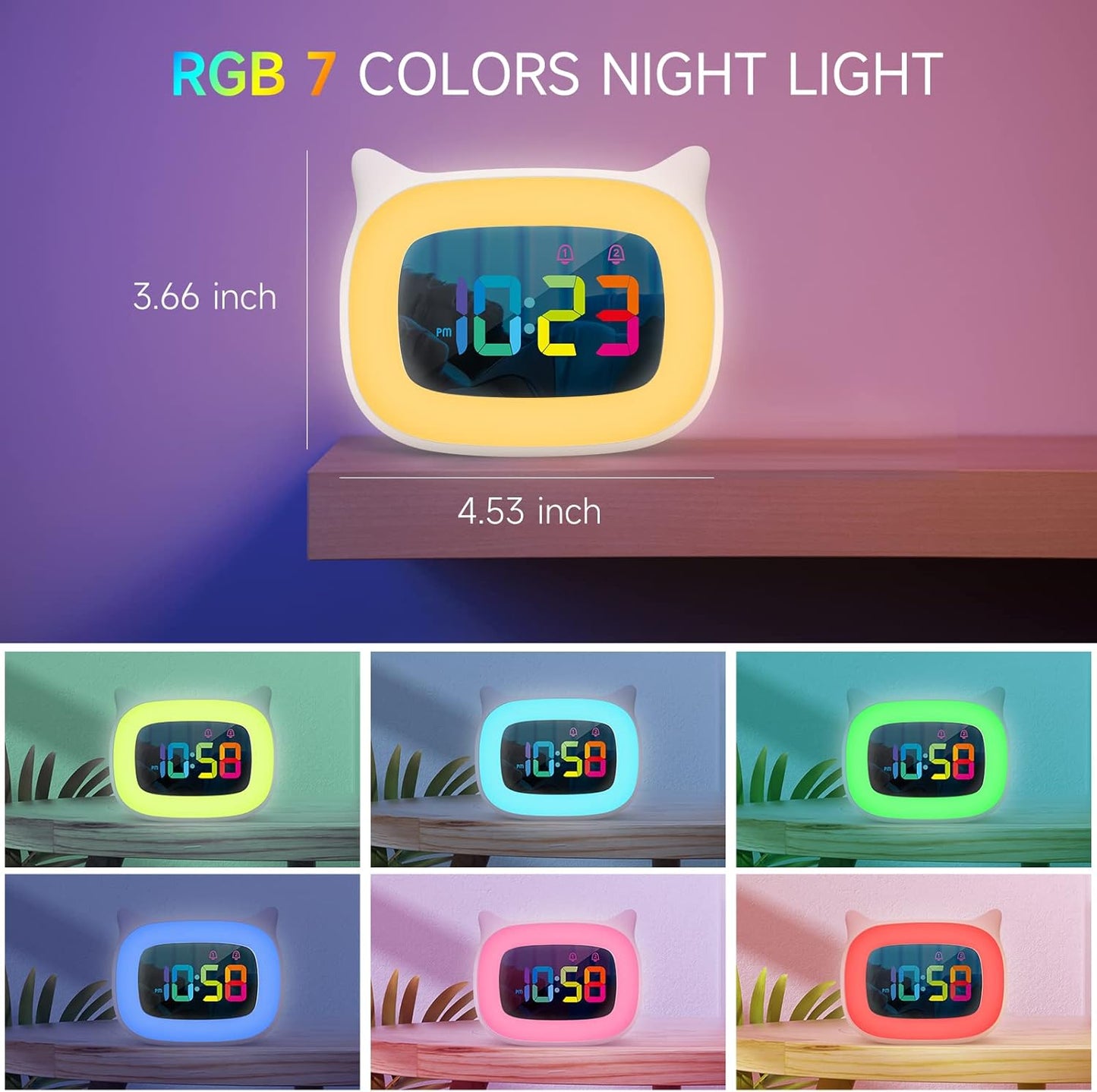Cute Cat Ear Alarm Clock with RGB 7 Color Night Light & 18 Ringtones,Rechargeable Clock for Kids Bedroom,LED Colorful Digital Display,Bedside Clock for Boys,Girls Birthday Presents(White)