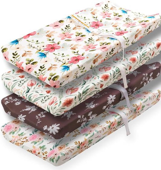 4 Pack Baby Girl Changing Pad Covers Sheets Set Soft Fitted Floral or Elephant Theme Baby Girl Mattress Covers Breathable Toddler Bed Sheets for Infant or Newborn Girls (Flower, Changing Pad Covers)