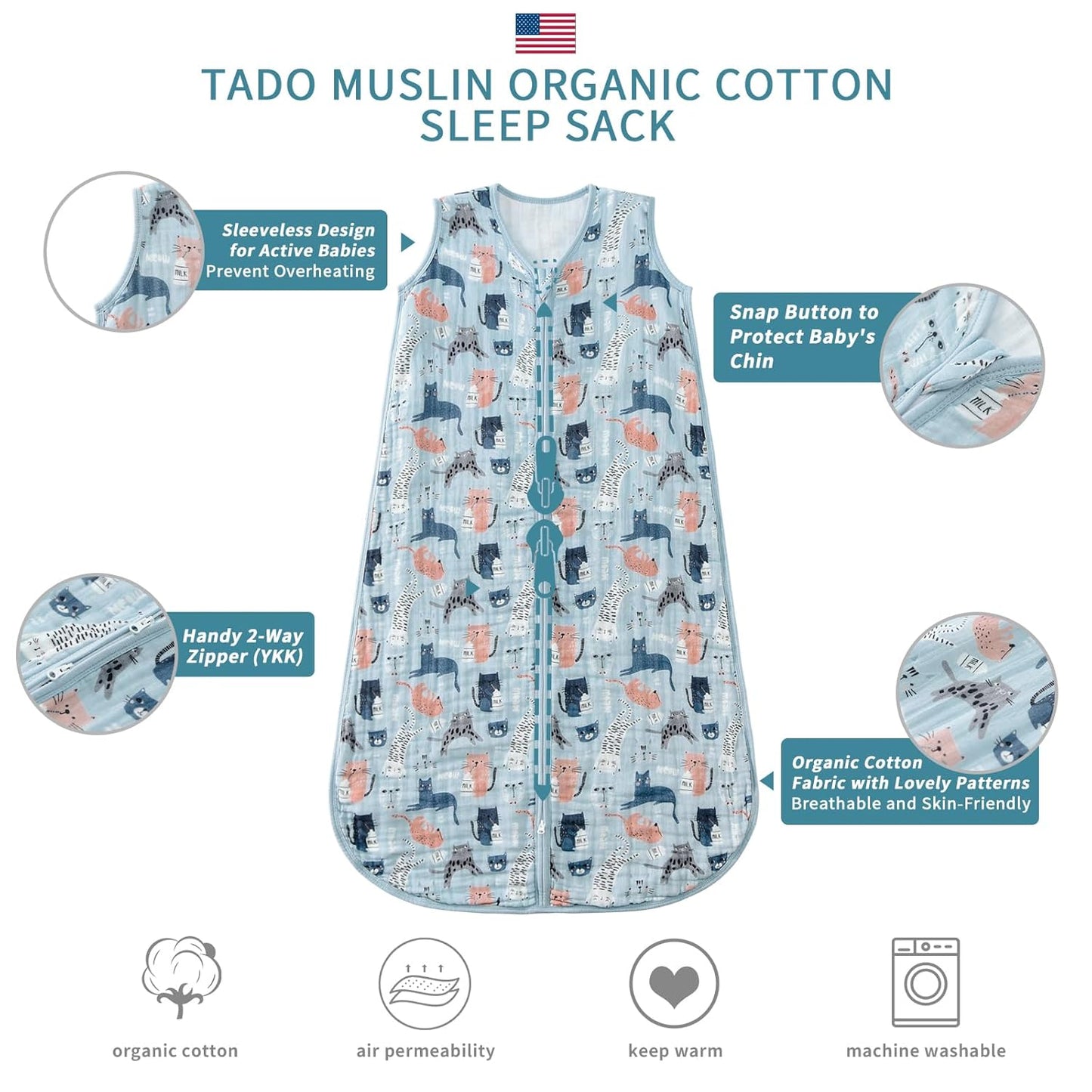 Baby Sleep Sack 2-4 T Baby Wearable Blanket 100% Organic Cotton 0.5 TOG Toddler Sleep Sacks 2- Way Zipper Soft 4 Layers 2T 3T 4T Kitten