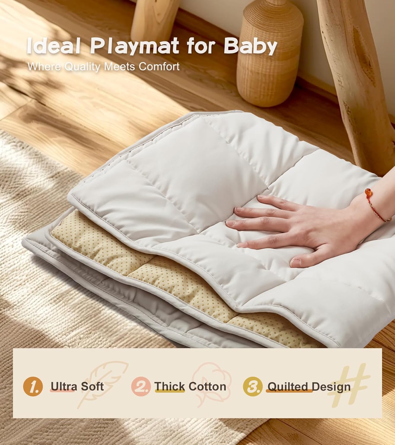 Baby Gym with Mat, Wooden Play Gym with 9 Sensory Toys, Foldable Baby Play GymFrame Activity Center, Natural Pine Wood, Montessori Toys, Easy to Assemble & Clean, Natural Color