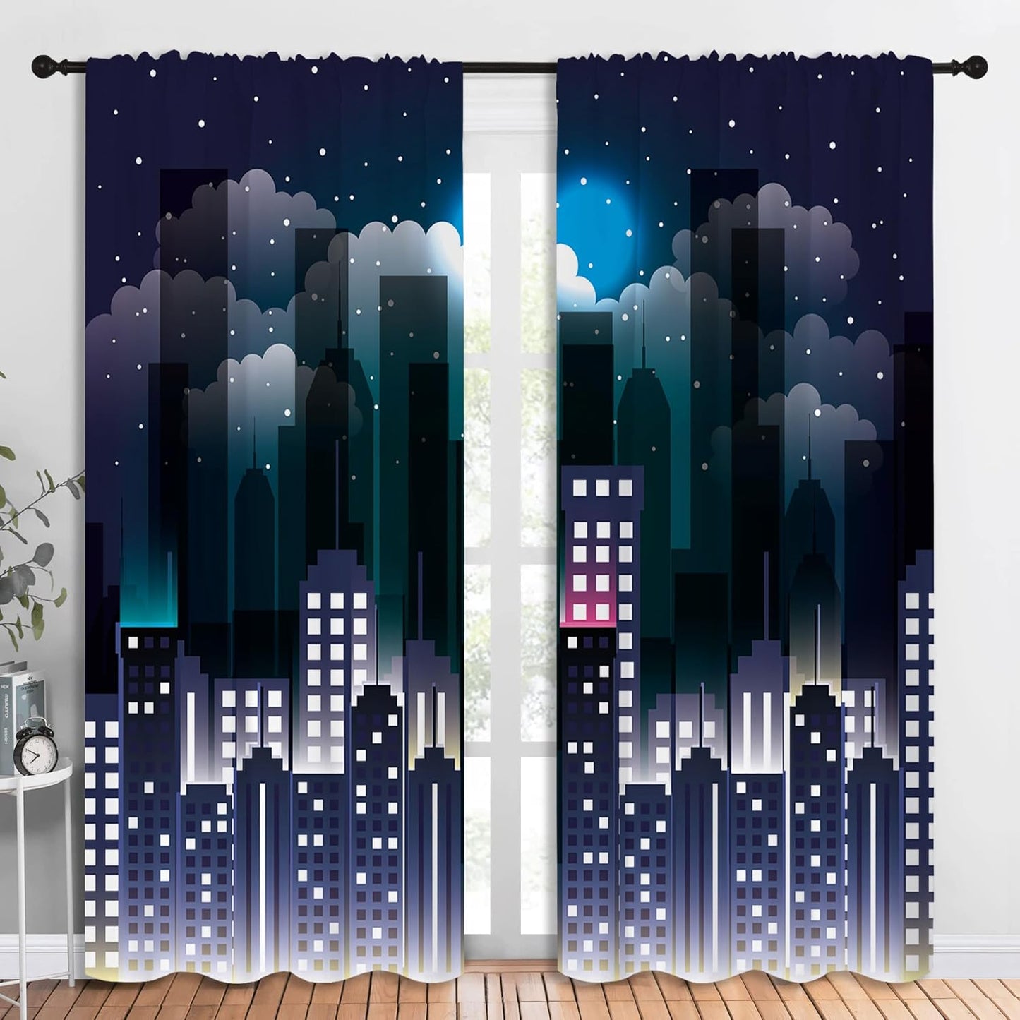 Superhero Rod Pocket Blackout Curtains for Boy Girl Bedroom, Violet Night Sky Buildings Cityscape Home Energy Efficient Light Filtering Window Curtain for Living Room,84x84 inch