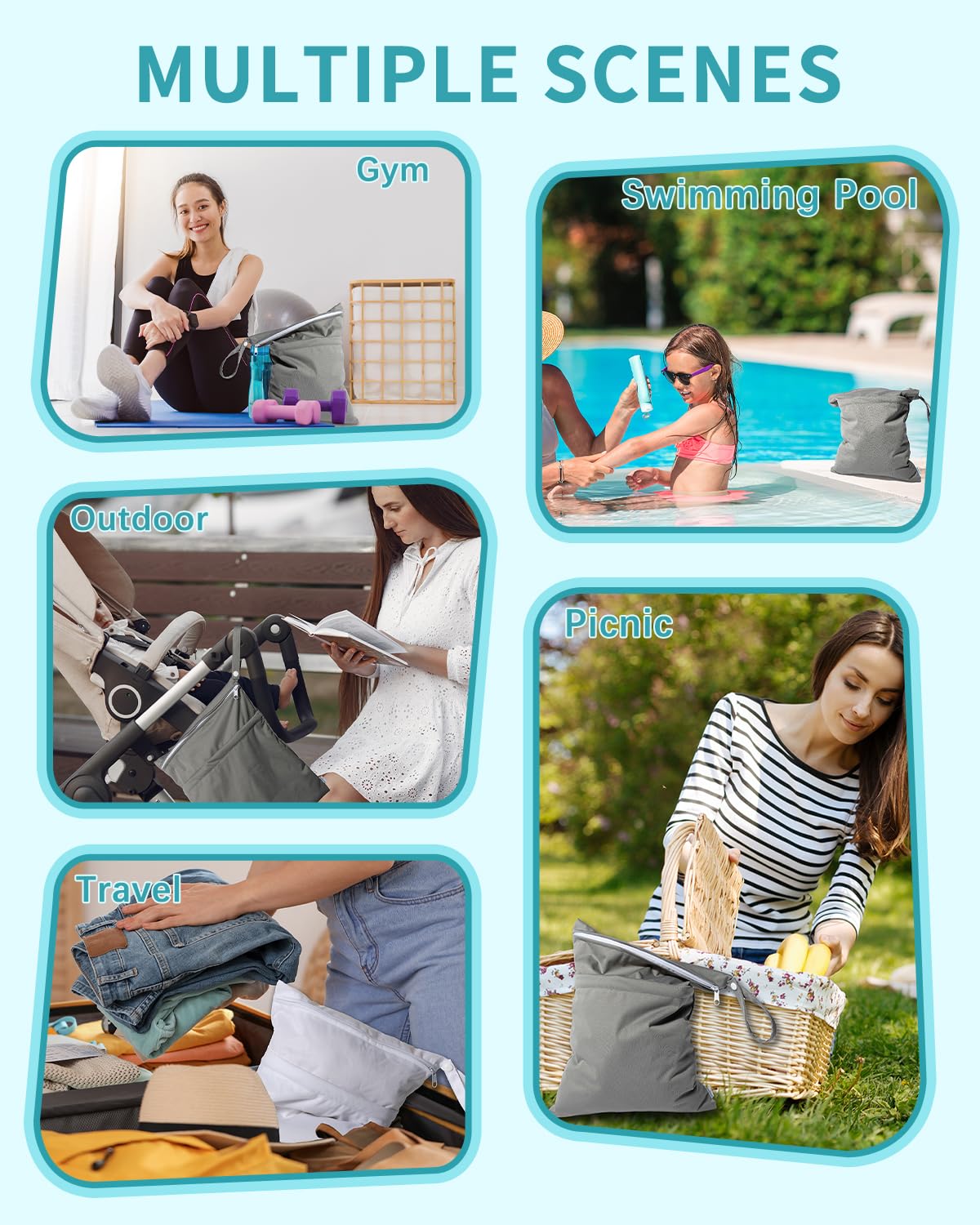 babygoal Wet Dry Bags 3 Pack, Waterproof Reusable Travel Bags for Swimsuits, Baby Cloth Diapers, Beach, Pool, Gym Bag & Wet Clothes with 2 Pockets L-BWG