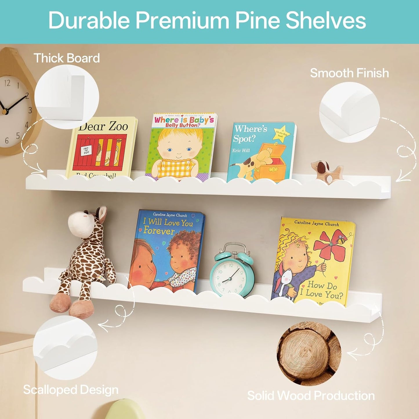 Nursery Book Shelves, Scalloped Floating Shelves 24inch Set of 2 Solid Pine Wood Wall Mounted Bookshelf with Wave Lip for Bedroom Kids, Toddler Room, Baby Room