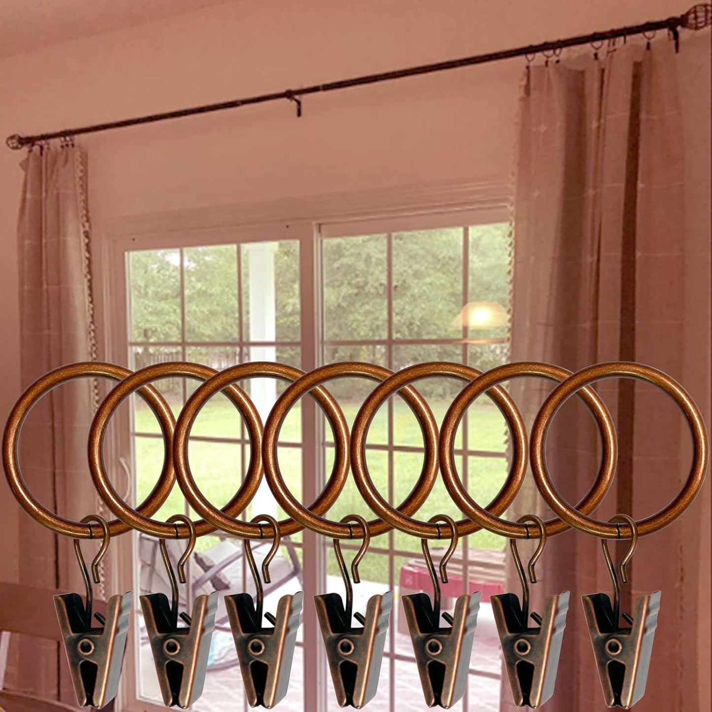 100 Pack Antique Copper Curtain Rings with Clips, Curtain Hooks Hangers Clip Rings for Hanging Drapes Bows Hat, Drapery Rings 1 in I D, Fits up to 5/8 in Diameter Curtain Rod.