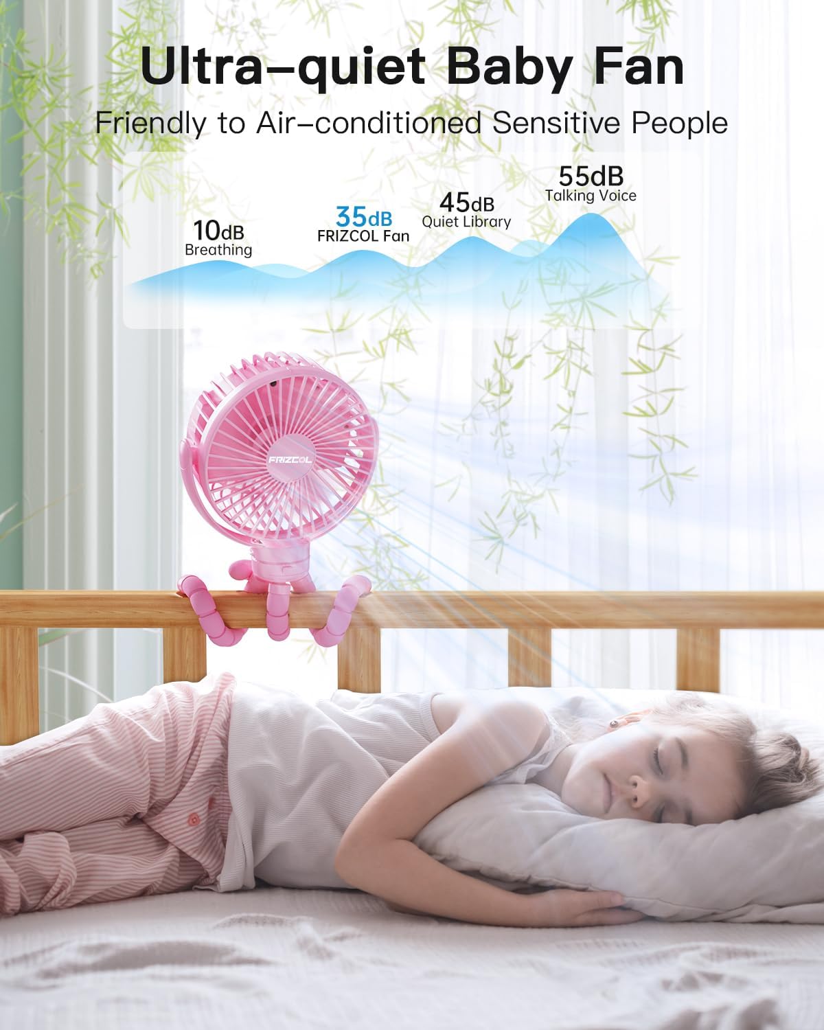 FRIZCOL 12000mAh Portable Stroller Fan, Use As Power Bank, 65H Battery Operated Fan Flexible Tripod Clip On Fans, Detachable Personal Handheld Baby Fans for Stroller, Car seat, Desk, Treadmill（Pink）