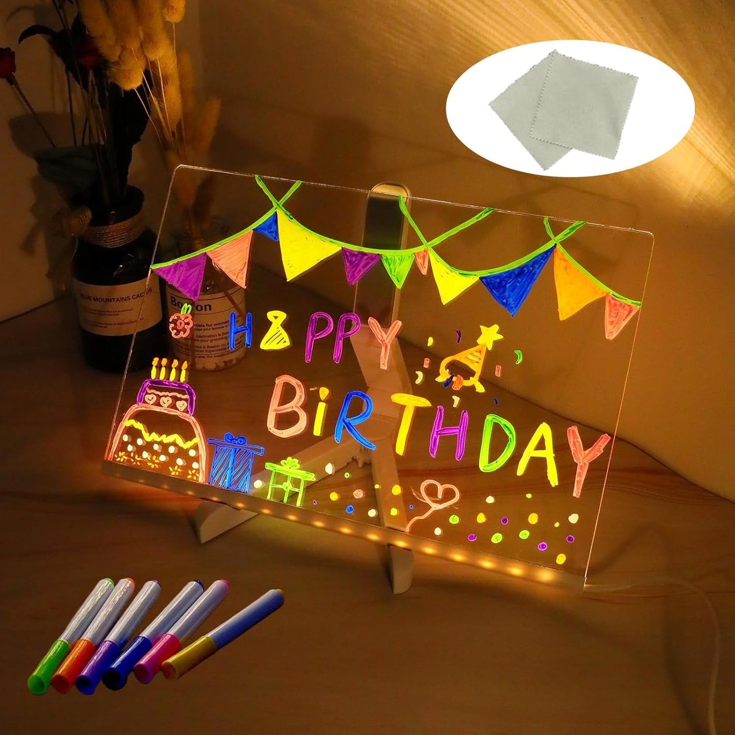 LED Drawing Board, Light Up Erasable Acrylic Message Board with Night Light, Neon Writing Tablet with Adjustable Stand & 12 Color Pens for Kids, Office, and Home Decor (7.9 * 7.9in)