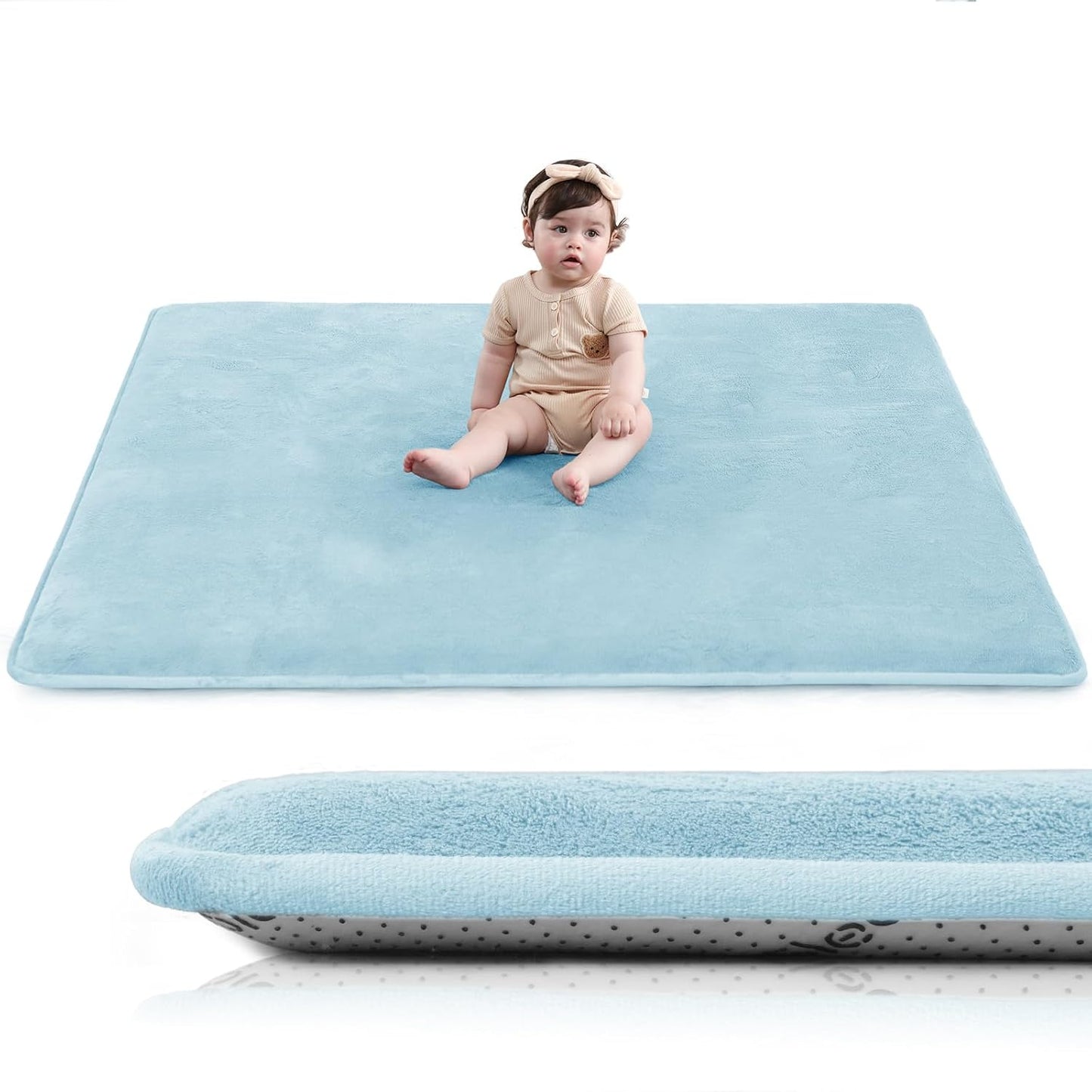 Baby Play Mat for Floor,1.3" Thick Elasti-Foam 50"×50" Playpen Mat for Tummy Time,Water Repellent Soft Coral Velvet for Toddler,Infant,Kids,Non-Slip Backing Safe for Crawling(Light Blue)