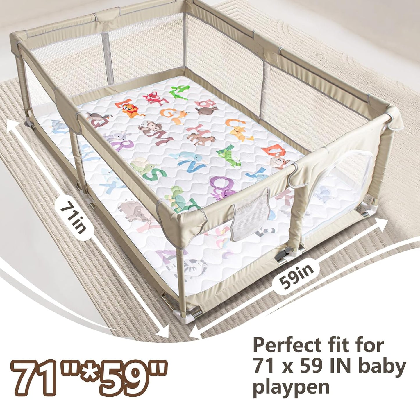 Baby Play Mats for Floor, 71”x59” Upgraded Thickness & Larger Super Soft Playmat for Babies and Toddlers, Foldable Washable, Upgrade Anti-Slip Crawling Mat for Playpen(Animal Alphabets)