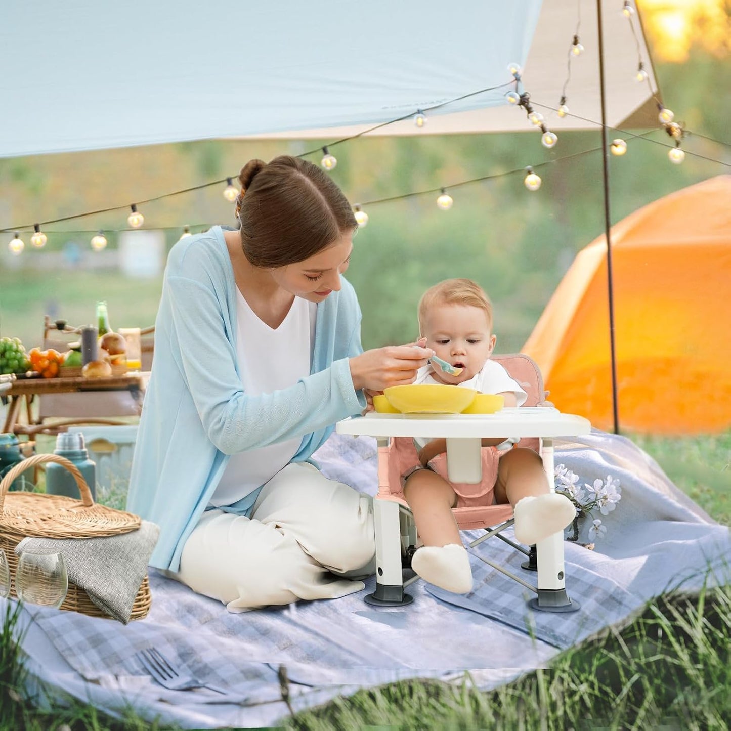 Baby Travel Booster Seat with Double Tray, BabyBond Upgraded Toddler Portable Baby Chair, Booster Seat for Dining Table, Stable and Foldable Booster Baby Chair for Indoor/Outdoor (Pink Dinosaur)