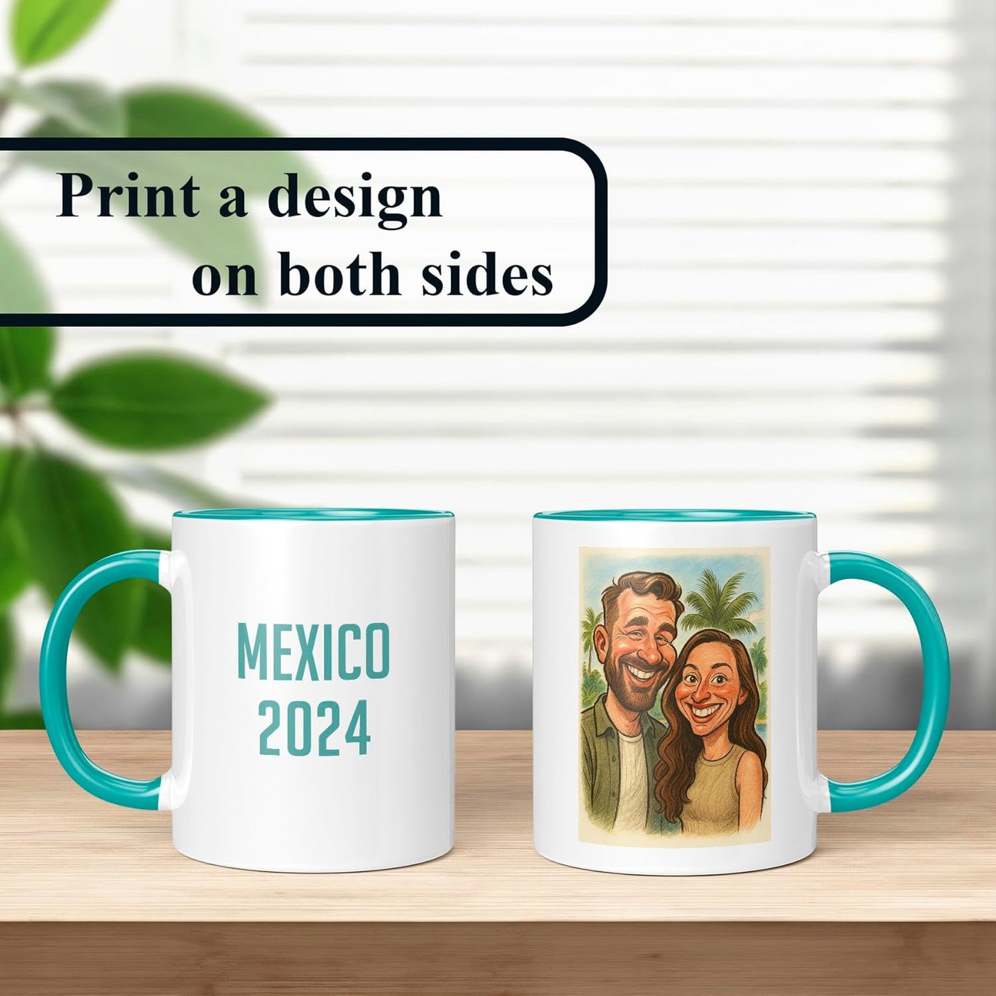 Personalized Coffee Mug, Custom Photo Caricature Gift, Funny Customized Coffee Gift for Men & Women, Custom Mugs with Pictures, Teal 11oz Customized Ceramic Tea Cup