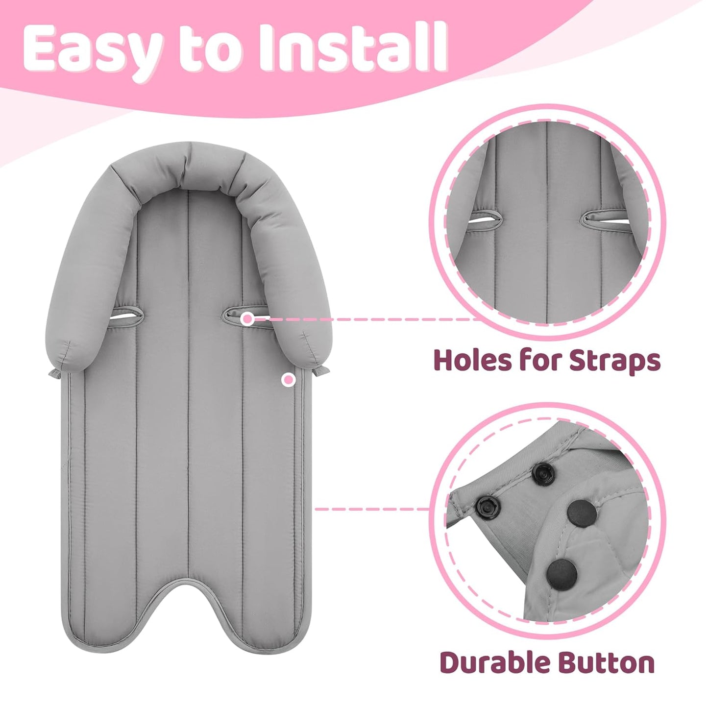Pro Goleem Car Seat Head Support Infant, Soft Infant Car Seat Insert, 2 in 1 Carseat Head Support for Toddler, Perfect for Car Seat, Stroller, Swing, Bouncer, Pink and Gray