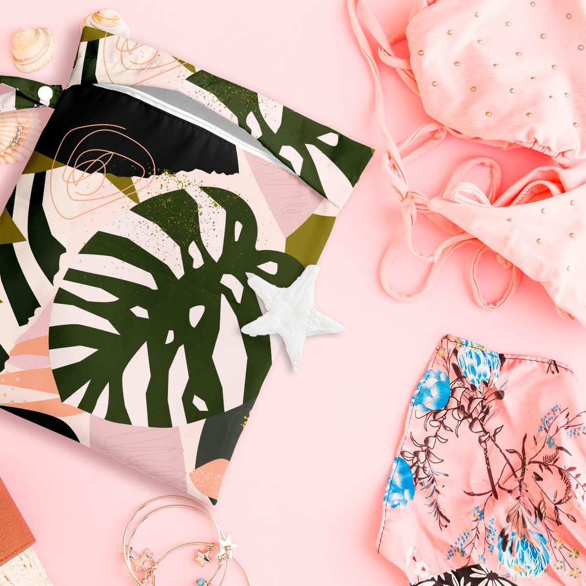 Wet Dry Bag for Swimsuit, Travel, Beach, Pool, Stroller, Diapers, Dirty Yoga Gym Clothes, Makeup Bag, Waterproof Tropical Palm Leaves Decor Jungle Palm Leaf Favors